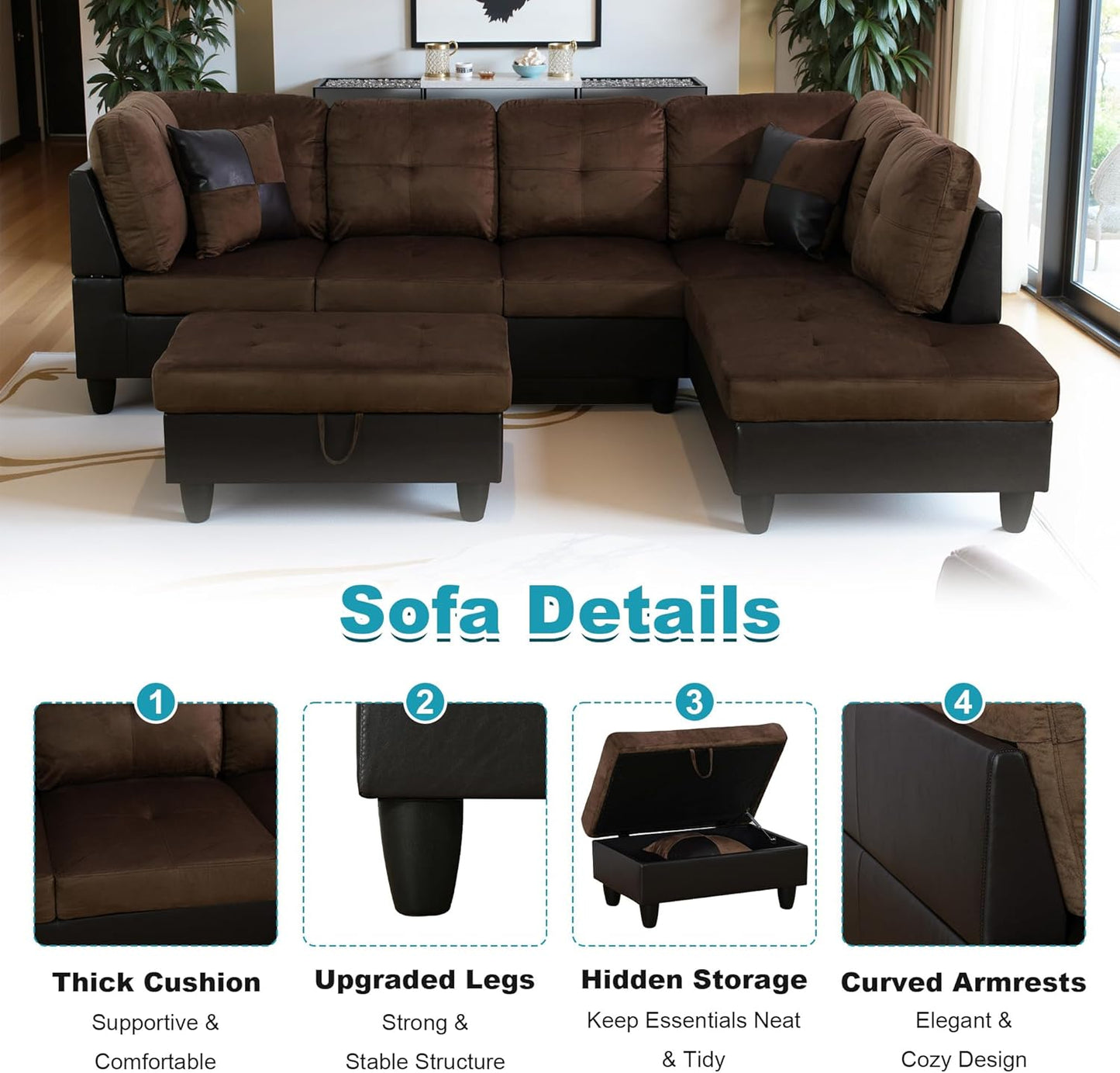 103.5" Oversized Sectional Couch, L Shaped Couch with Storage Ottoman, Modern Modular Sofa with Deep Seat, Sectional Couches for Living Room and Office, Brown (Lint and PVC)