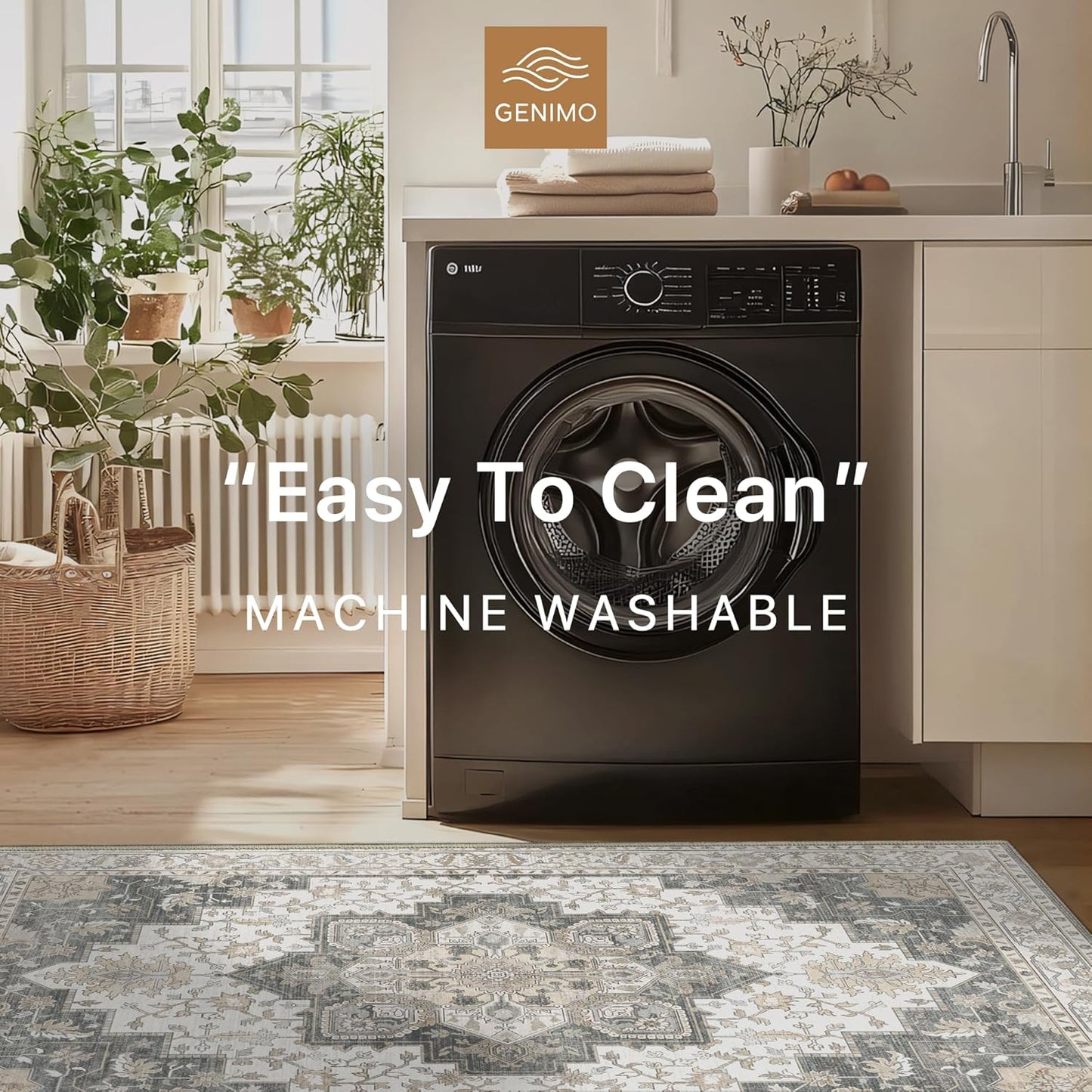 GENIMO 5x7 Area Rugs for Living Room, Machine Washable Non Slip Vintage Rugs, Low Pile Lightweight Chenille Print Rug for Bedroom, Dining Room, Home Office, Heathered Grey