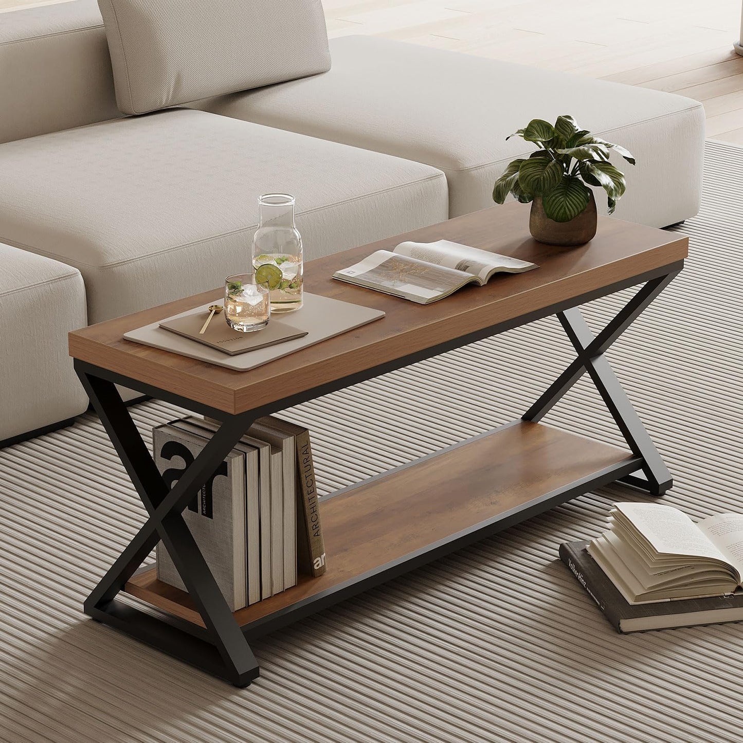 IBF Wood Bench Indoor, Industrial entryway Bench with Shoe Storage for Living Dining Room, Farmhouse Wooden Metal Entry Way Foyer Benches Seat for Bedroom Entryway, Rustic Oak, 39 Inch Long