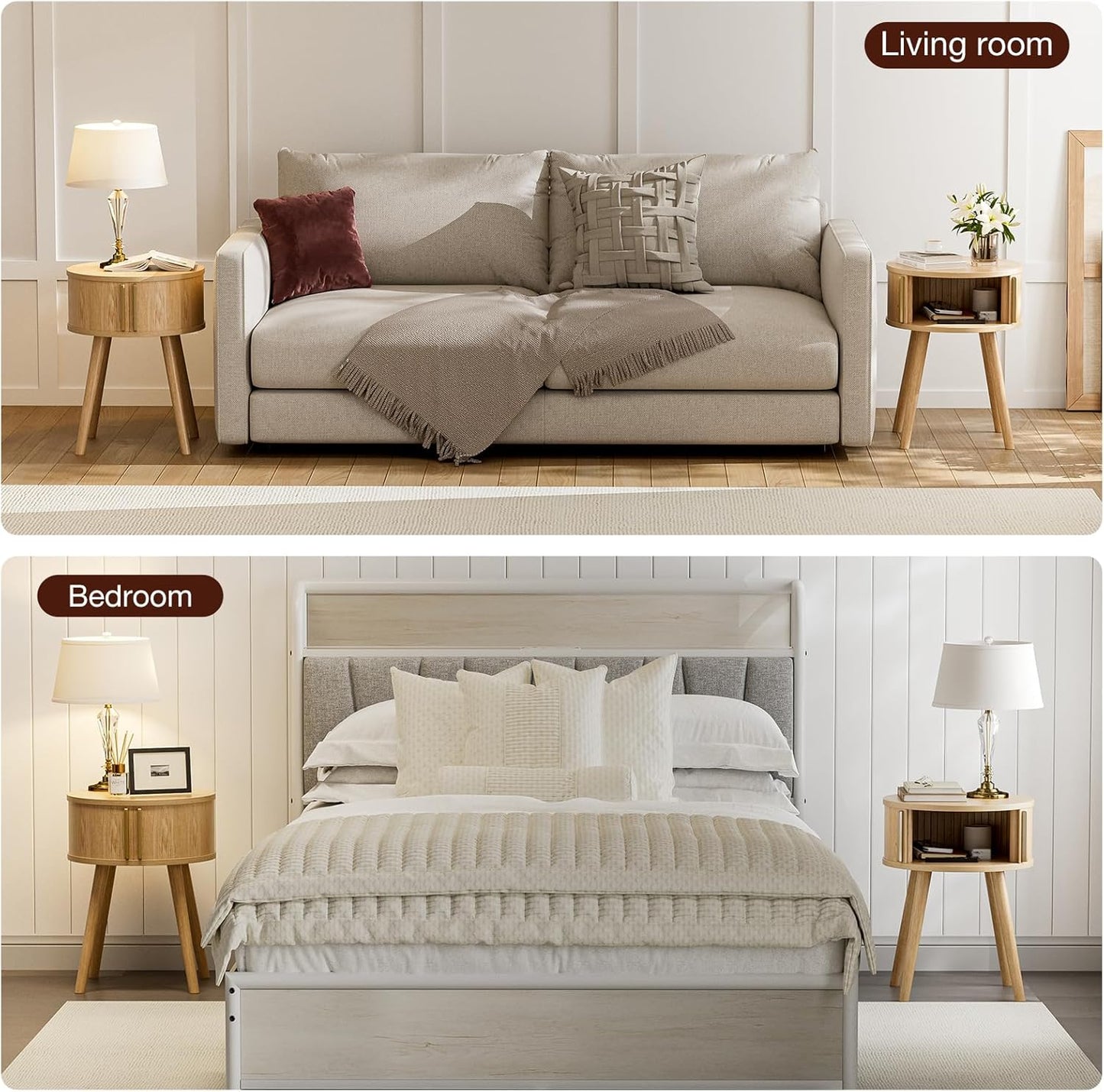 Side Table with Sliding Door & Cabinet, End Table for Living Room, Night Stand for Bedroom, Modern Bedside Table with Solid Wood Legs, Natural