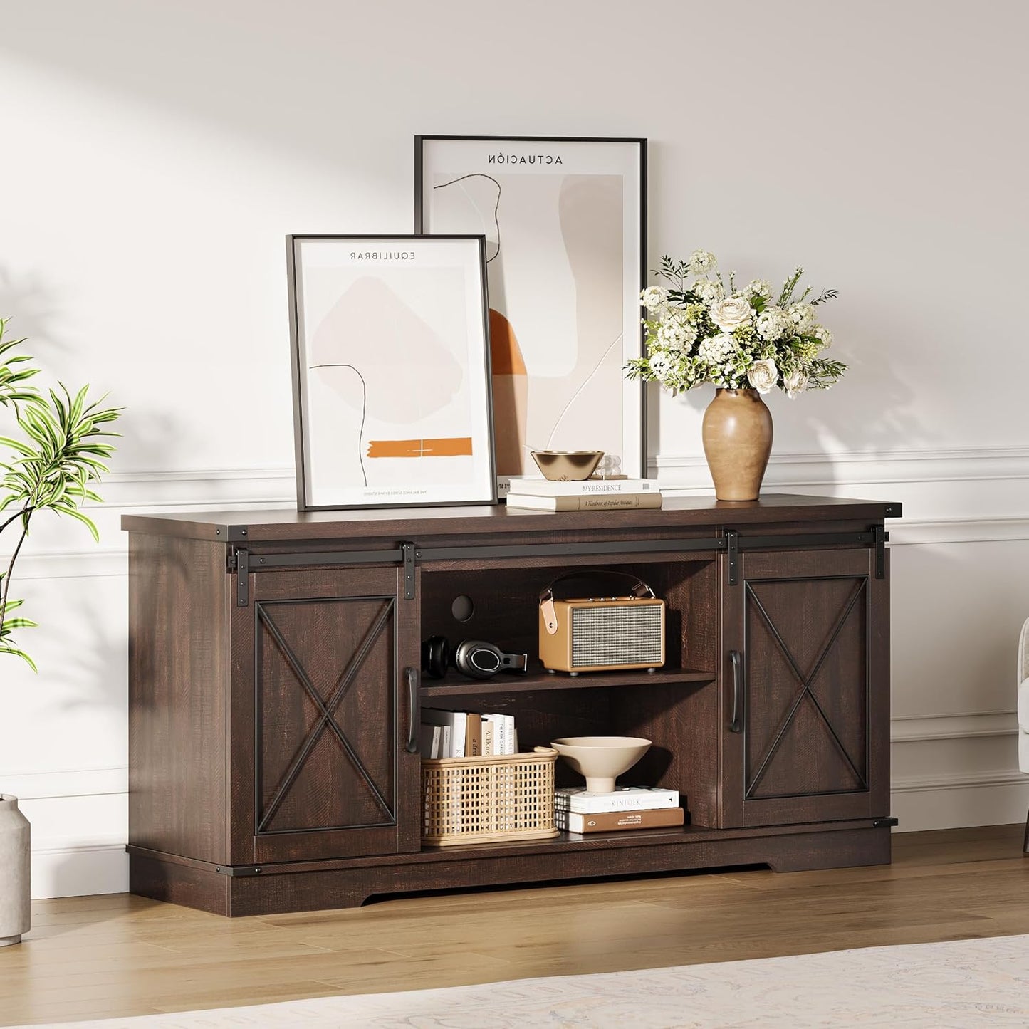 CABIHOME Farmhouse TV Stand and Entertainment Center for Tv up to 65 inches with Sliding Barn Doors and Adjustable Shelf, TV Media Storage Console Table for Living Room, Brown