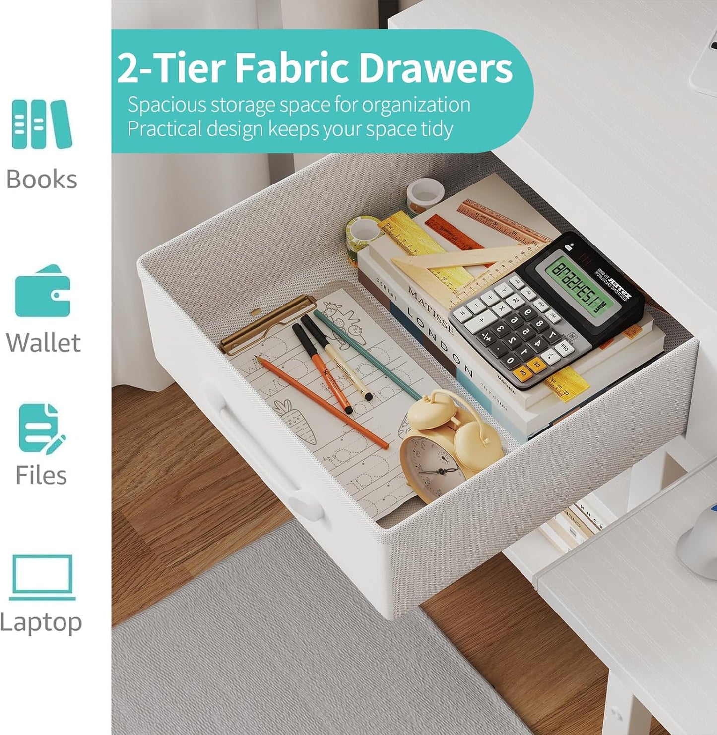 Lufeiya White Desk with Keyboard Tray Slide Out, 47 Inch Home Office Computer Desks with Fabric Drawers & Storage Shelves, Modern Simple Study Writing Table PC Desks for Bedroom, White