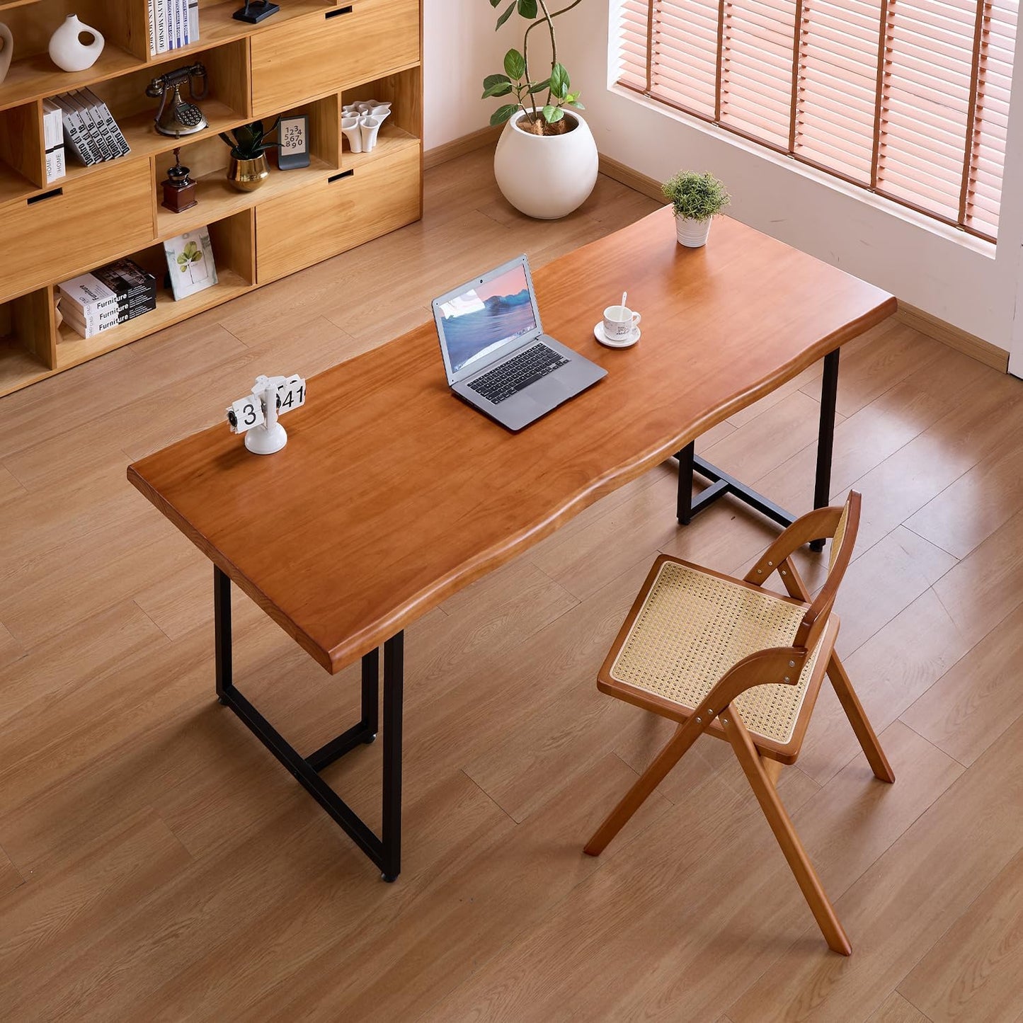 Solid Wood Administrative Desk, Dining Table with Durable Metal Legs, Uniquely Designed Leisure Table, Perfect for Restaurants and Home Offices, (Wood Brown, 55.12in)