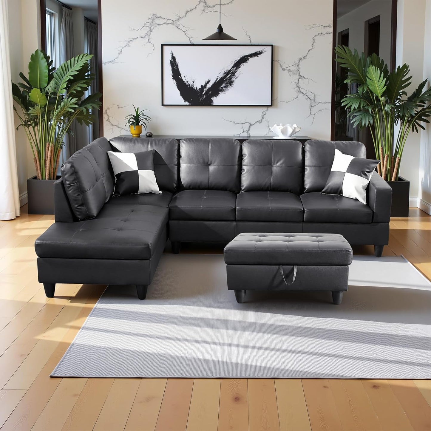 103.5" Oversized Sectional Couch, L Shaped Couch with Storage Ottoman, Modern Modular Sofa with Deep Seat, Sectional Couches for Living Room and Office, Jet Black (Faux Leather)