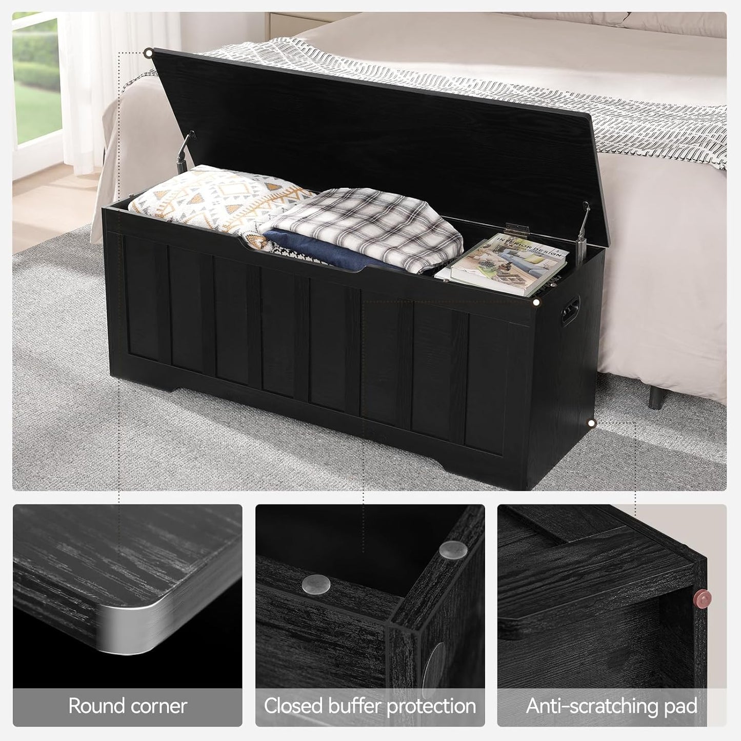 47.2" Storage Chest Extra Large,Storage Trunk with 2 Safety Hinges,Wooden Storage Bench,Shoe Bench,47.2x15.7x19.1 Inch,Easy Assembly,Storage Bench for Bedroom,Living Room,entryway(Black).