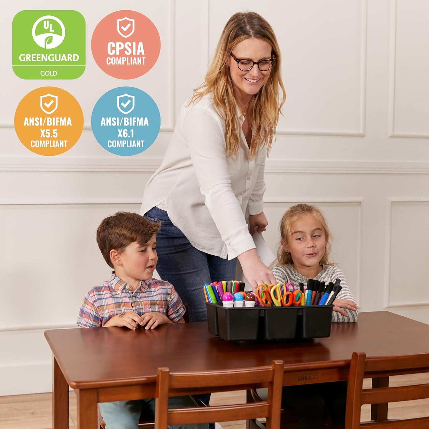 ECR4Kids 24in x 48in Rectangular Hardwood Table and Chair Set, 12in Seat Height, Kids Furniture, Dark Walnut