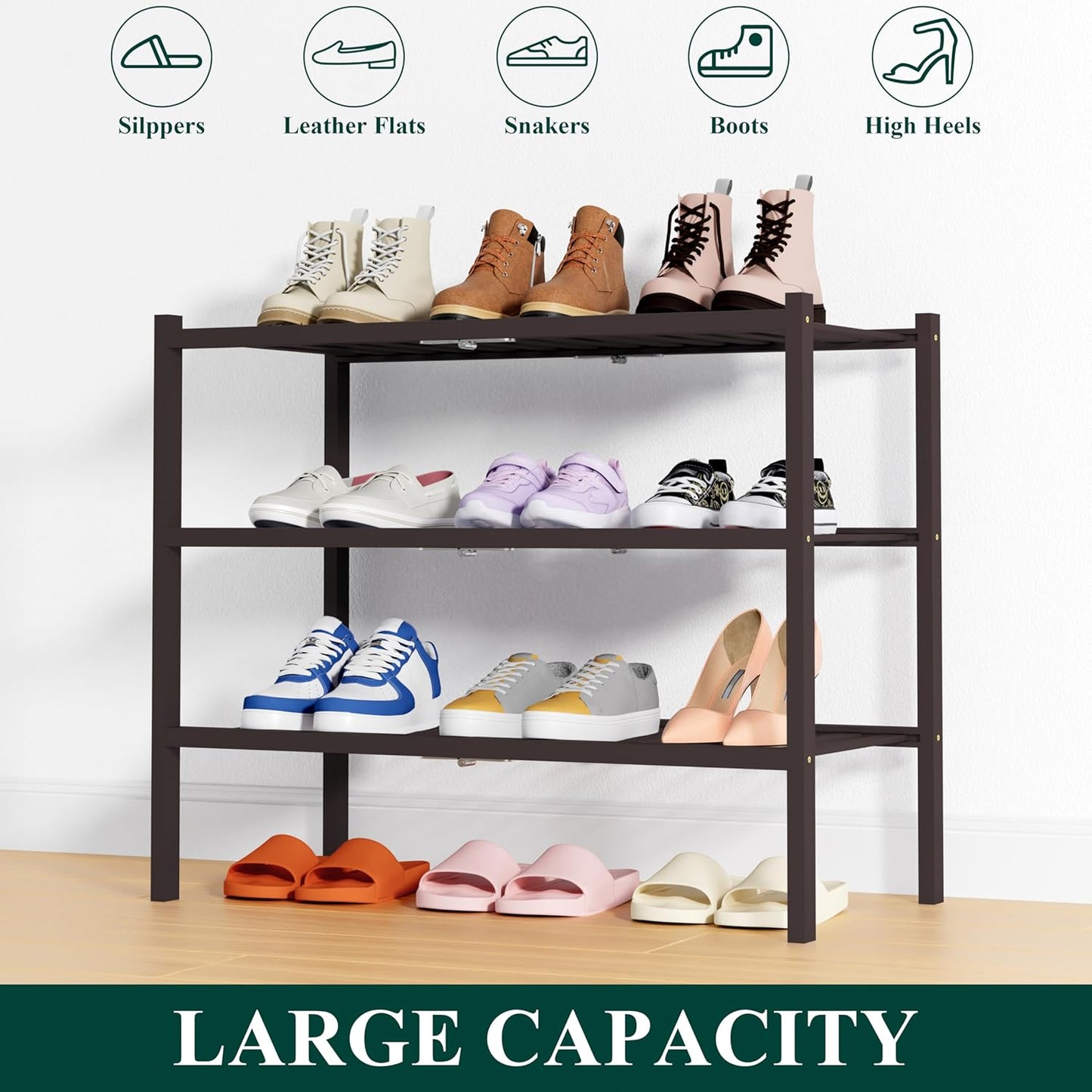 Smiry Shoe Rack, 3 Tier Thick Bamboo Shoe Organizer, Stackable Free Standing Wooden Shoe Storage Shelf for Closet, Entryway, Front Door Entrance, Brown