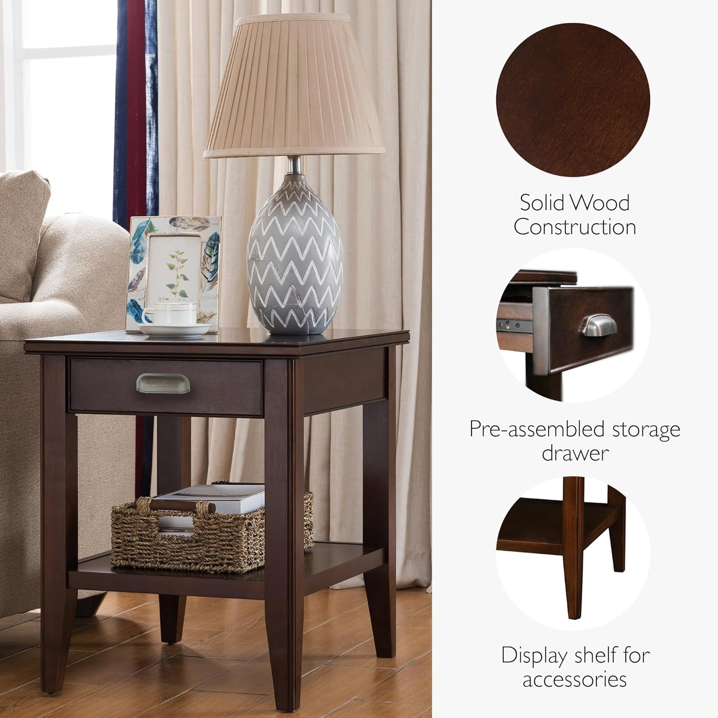 Leick Home Laurent End Table, Solid Wood, 1 Storage Drawer, Bottom Display Shelf, Easy-Assembly, For Living Room/Bedroom, Chocolate Cherry, 20.0 in. L x 24.0 in. W x 24.0 in. H, 10507