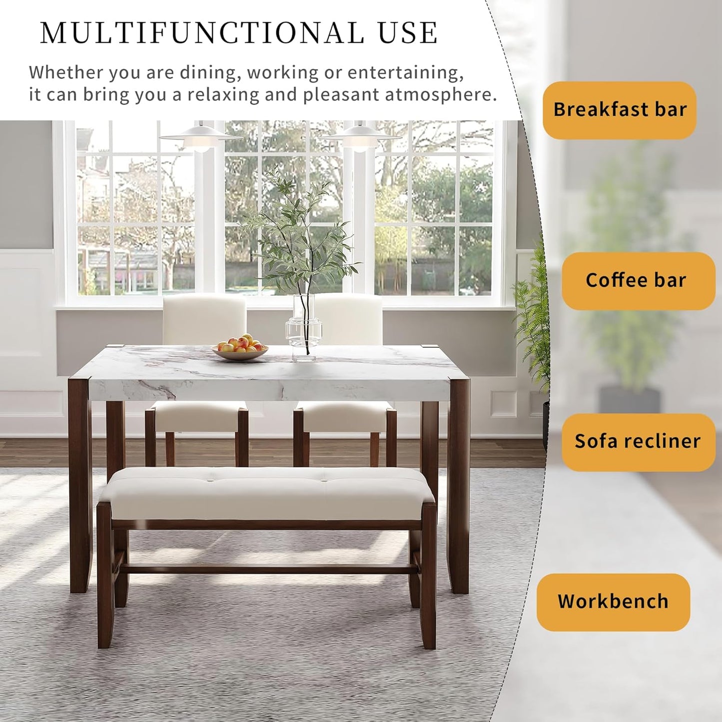 Ball & Cast 4-Piece Dining Furniture Set with 2 Upholstered Chairs & 1 Bench,Dining Table Set for 4 W/ 46" Faux Marble Style Table,for Restaurant,Home Bistro,Off White