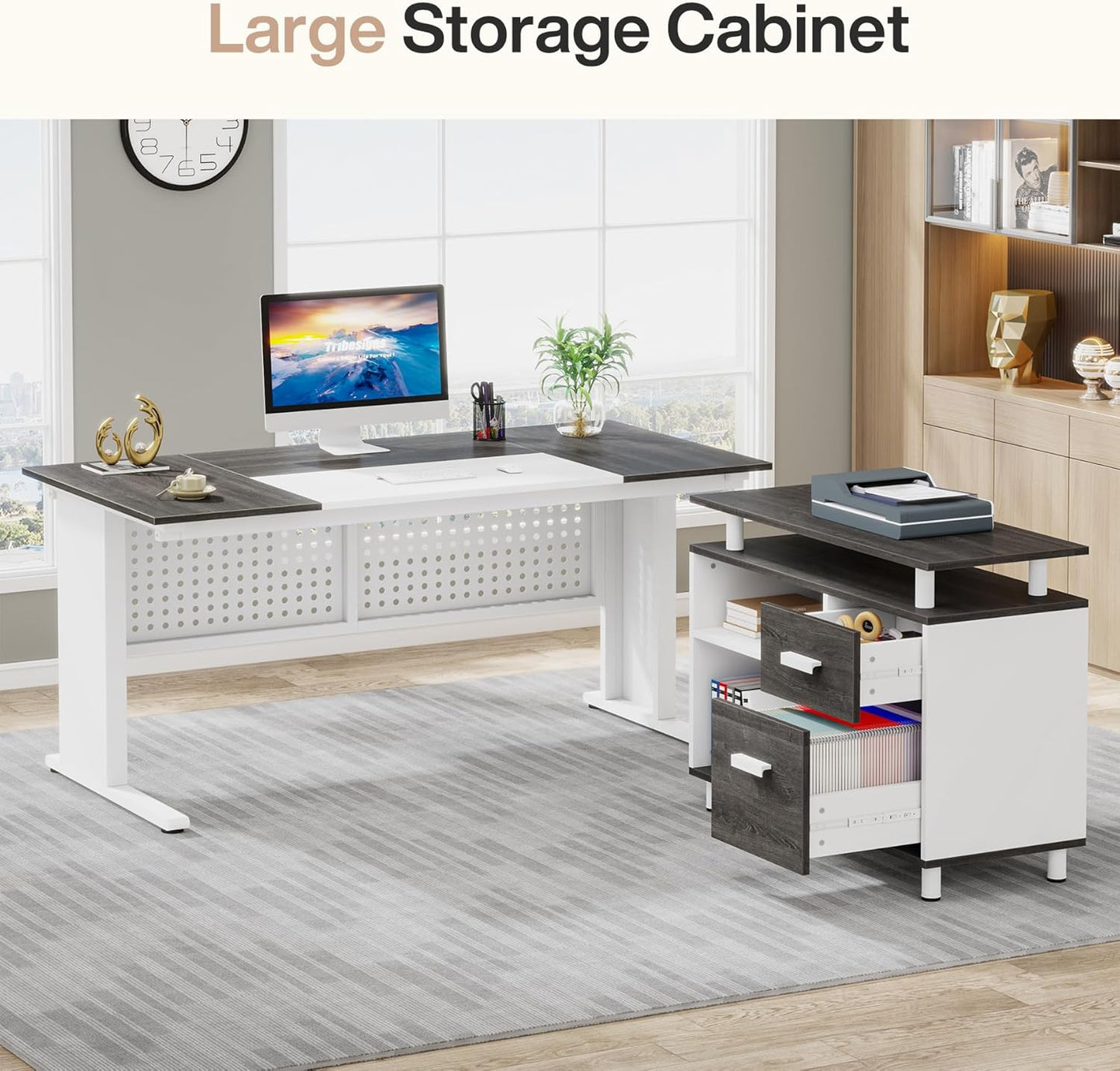 Tribesigns 63 Inch Executive Desk with File Cabinet, L Shaped Office Desk with Drawers and Storage Shelves, Business Furniture Set Workstation for Home Office, Gray and White