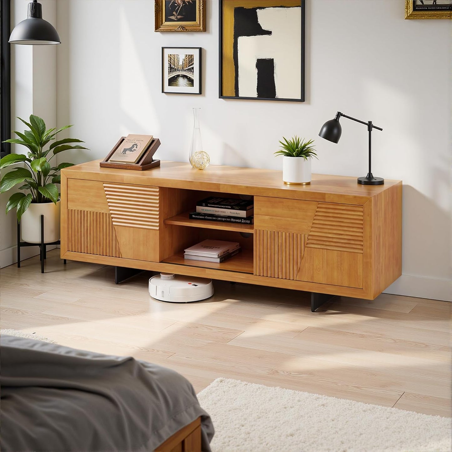 Bme Trapeze TV Stand for Living Room – Wooden Media Console with Storage, Metal Legs, Large Teak Brown TV Stand for Stylish Home Entertainment Setup