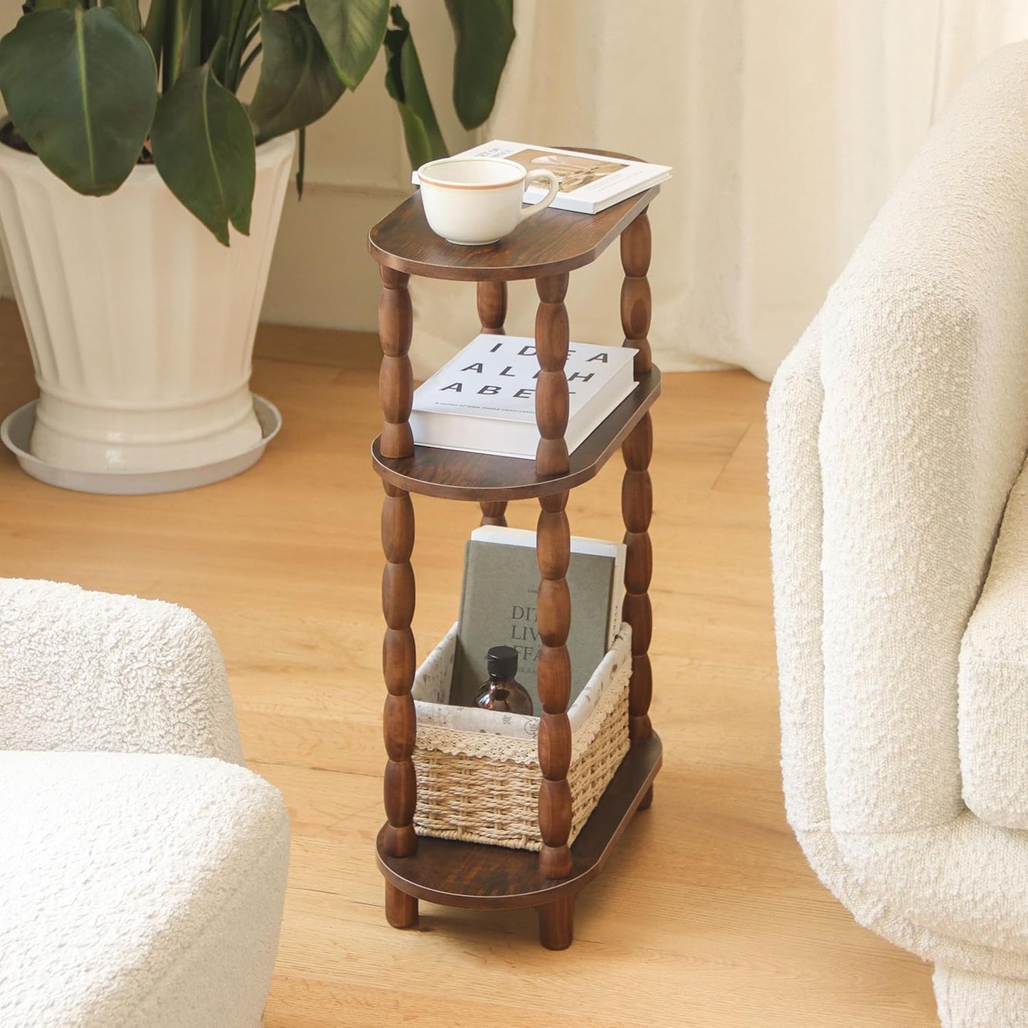 MaxSmeo Small Narrow Side Table, 3-Tier Narrow End Table with Storage, Skinny Side Table Nightstand for Small Space, Bedrooms, Living Room (Rustic Brown)