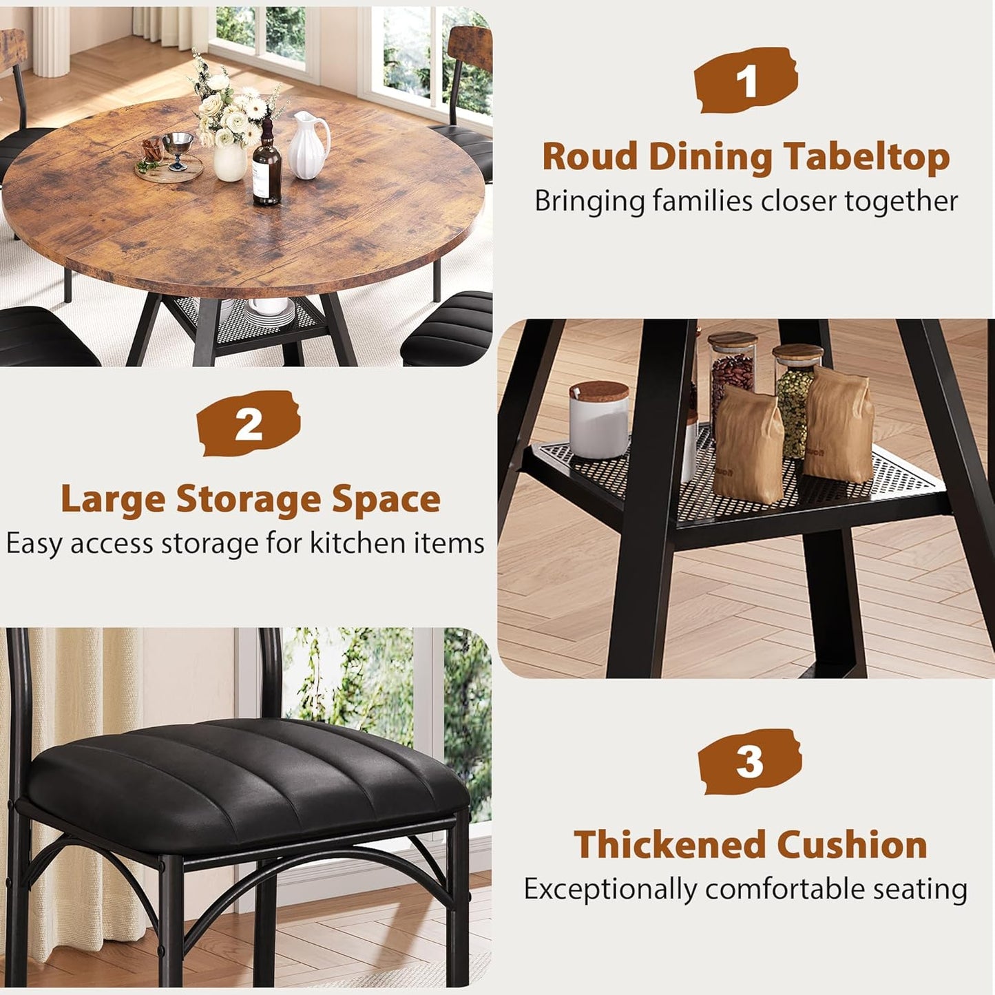 Round Dining Table Set for 6, Kitchen Table and Chairs for 4, Circle Table Round Pedestal Dining Room Dinner Dinette Table Set,5 Piece Space Saving Wood Kitchen & Dining Room Tables (Vintage, 51In)