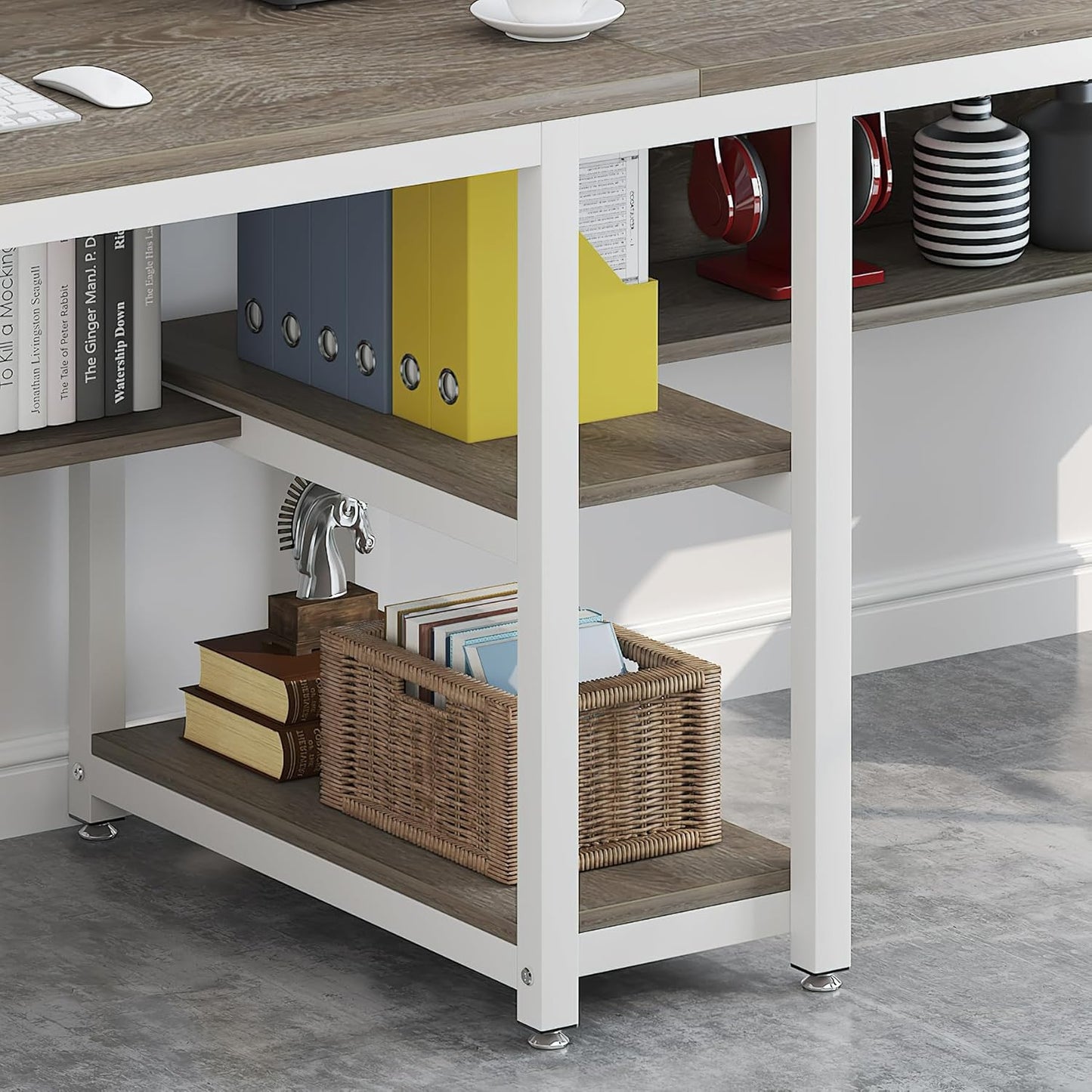 Tribesigns Two Person Desk with Bookshelf, 78.7 Computer Office Double Desk for Two Person, Rustic Writing Desk Workstation with Shelf for Home Office (Gray/White)