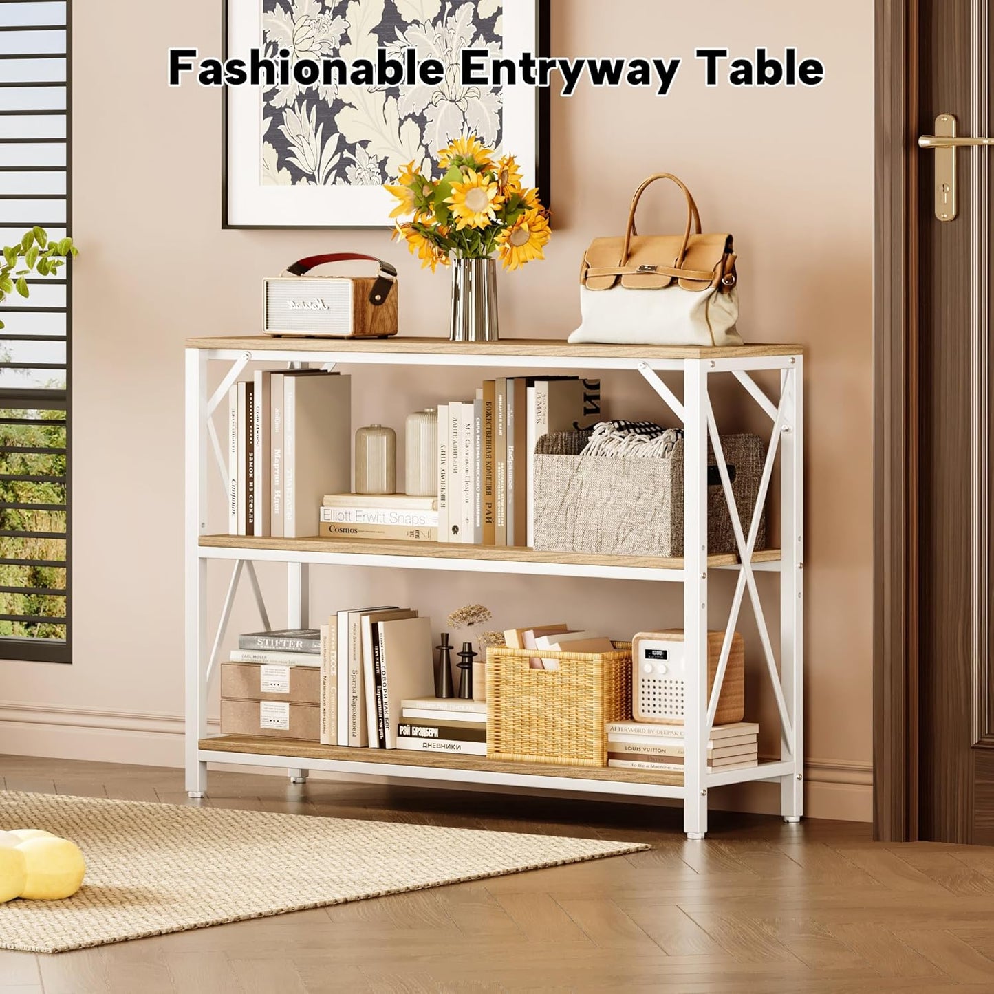 Homeiju Entry Table 40" Width, 3-Tier Entryway Table with Storage, Industrial Sofa Table with Open Shelves, Foyer Tables for Entryway, Hallway, Kitchen, Living Room and Bedroom, Light Coffee