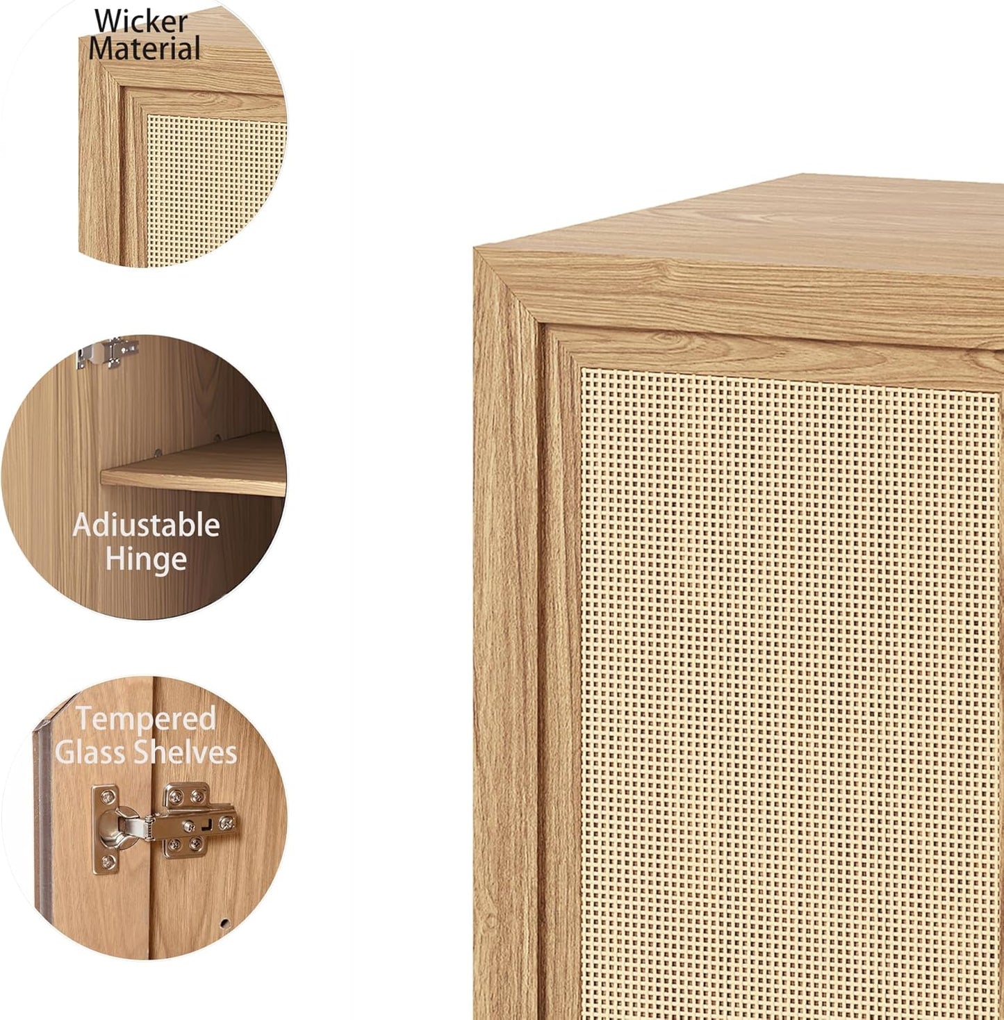 Buffet Cabinet, 2-Doors Sideboard Cabinet with Rattan Panels, Buffet Console Accent Table for Hallway Entryway Dining Room, 36", Oak