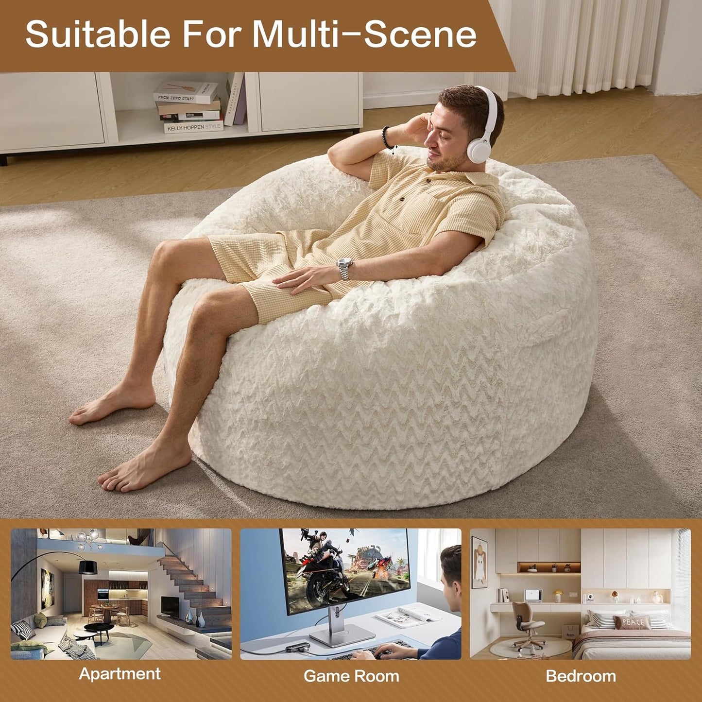 Hobestluk 4ft Bean Bag Chairs for Adults Large Beanbag Chair with Chevron Plush Fur Cover Big Bean Bag Chair for Living Room Bedroom Dorm Office - White (44” x 44” x 24”)