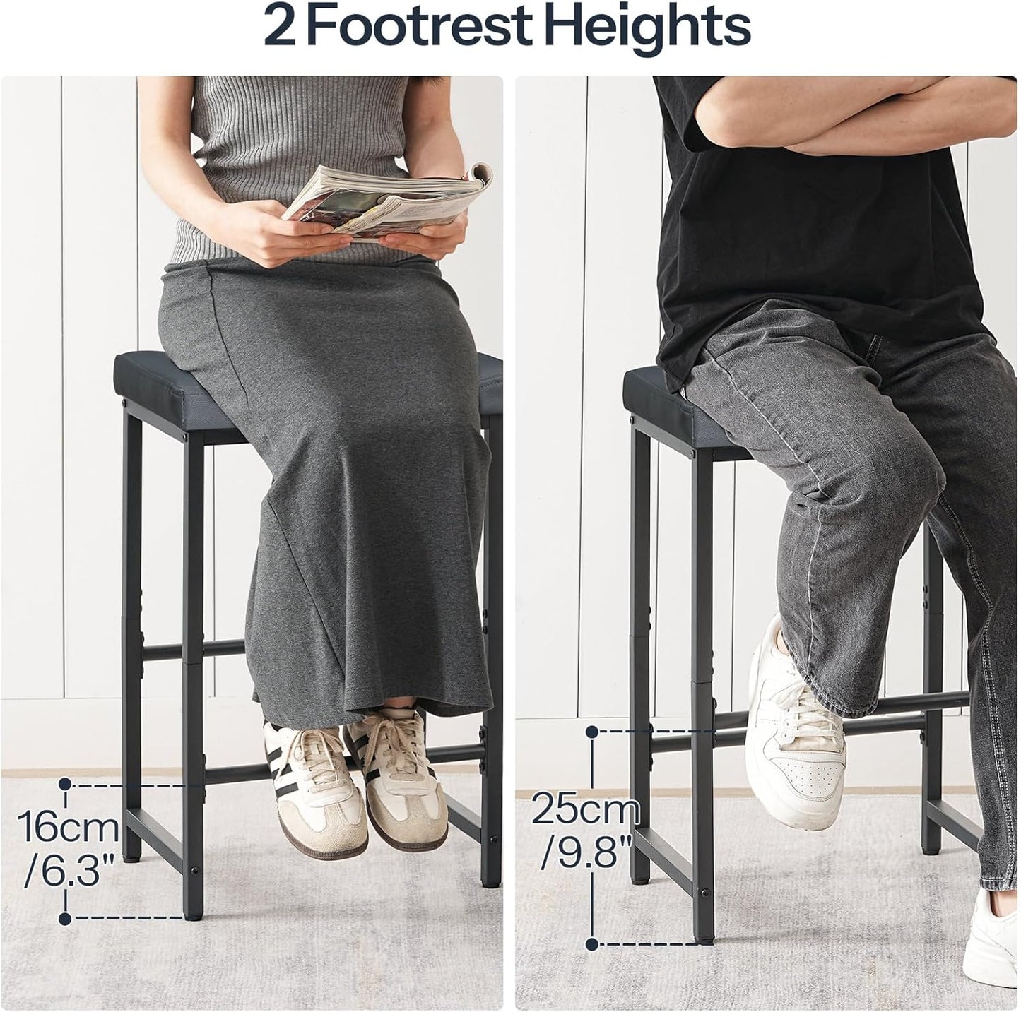 HOOBRO Barstools,25.4" Saddle Stools with PU Upholstery, Counter Height Stools with Footrest, Kitchen Breakfast Chairs, for Dining Room, Cafe, Bar, Gray and Black BGZ23BY01