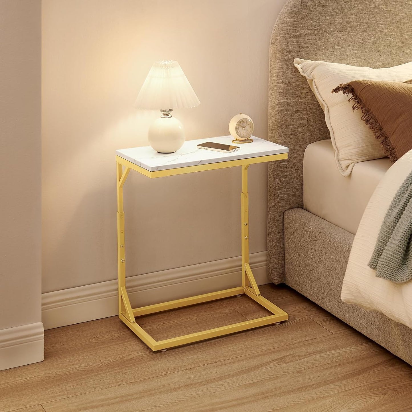 C-Shaped End Table, Small Sofa Table with Metal Frame, Adjustable Height Side Table for Couch, Living Room, Bedroom, Bedside (Gold, Medium)
