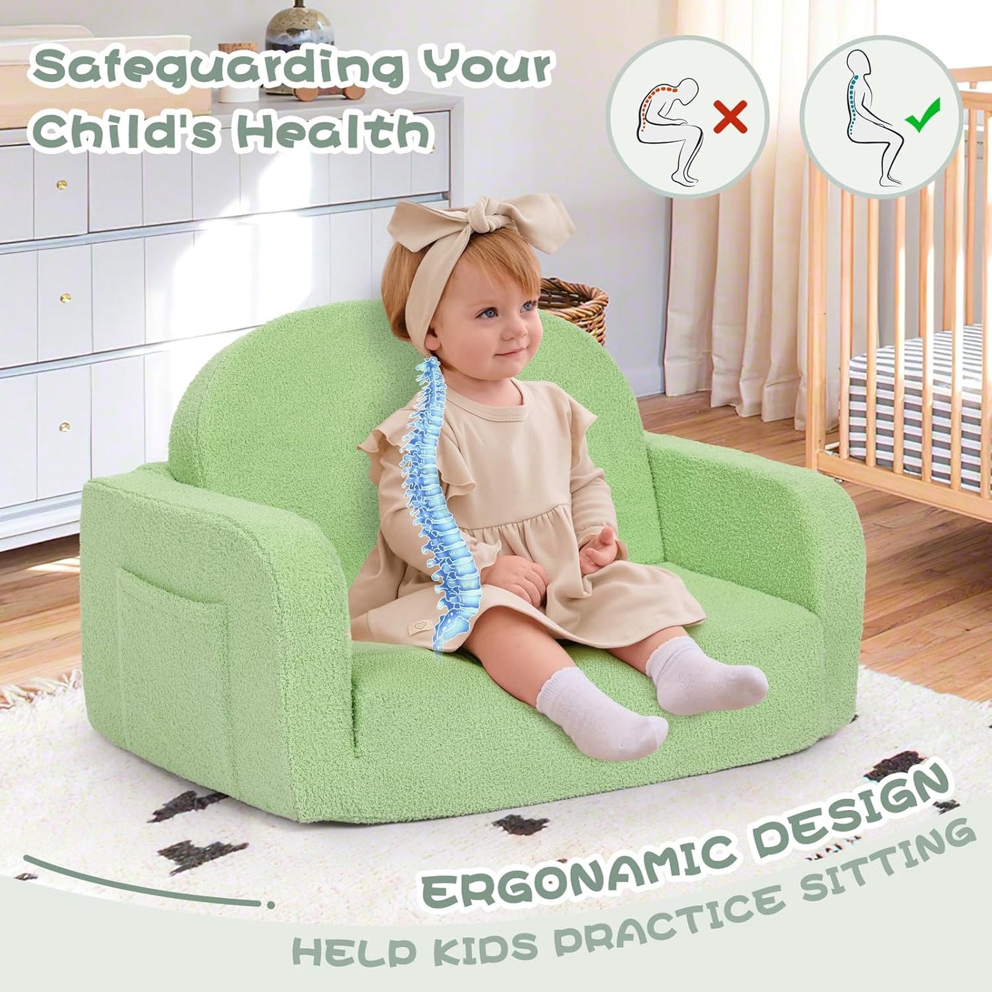 Extra Wide Kids Couch, 2-in-1 Soft Toddler Couch with Blanket, Comfy Toddler Chair, Convertible Sofa to Lounger, Gifts for Kids Girl Boys, Green