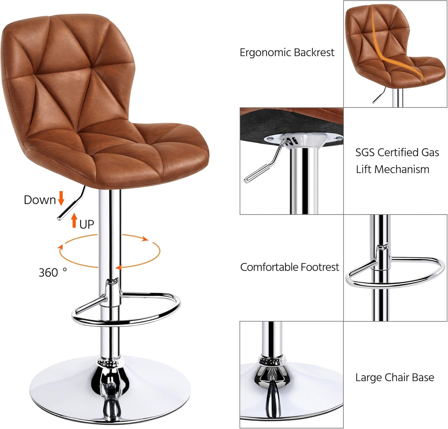 Yaheetech Bar Stools Set of 4, Adjustable PU Leather Swivel Barstools, Modern Counter Stools with Back and Footrest, Counter Height Barstools for Bar, Kitchen, Dining Room, Retro Brown