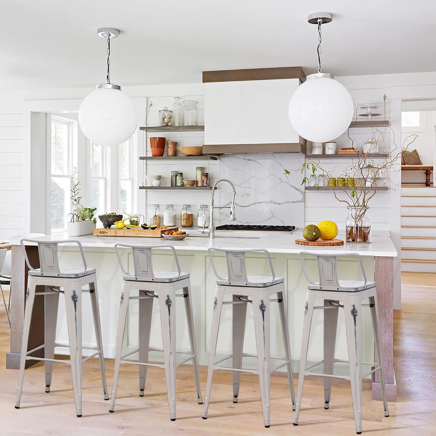 26 Inch Swivel Bar Stools Set of 4 with Backs Counter Height Industrial Metal Barstools Island Bar Chairs for Home Kitchen Dining Room (Swivel 26 inch, Distressed White Wooden)