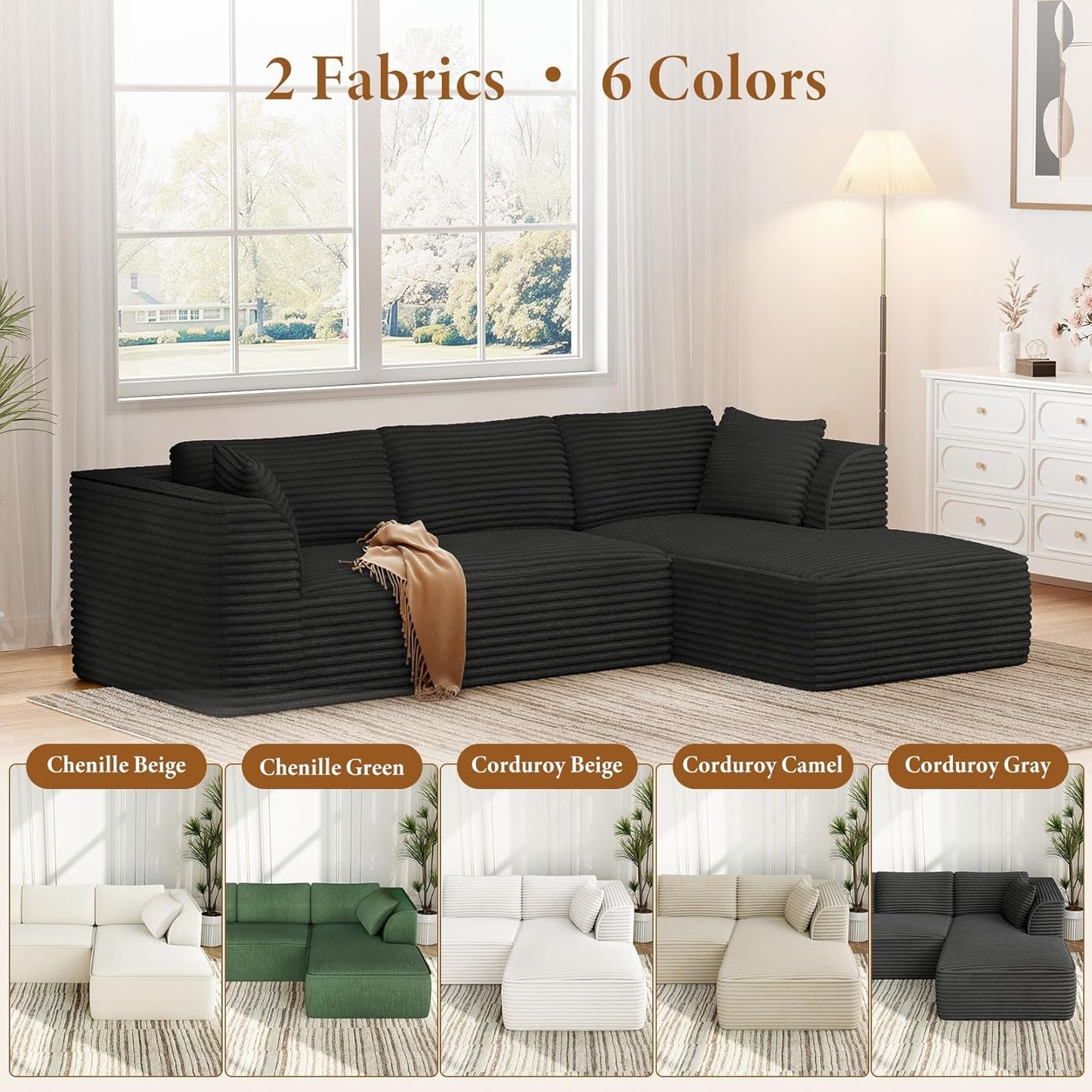 Vesgantti 106" Modular Sectional Sofa with Chaise, Deep Seat Comfy Cloud Couch Corduroy L Shaped Sofa Sectional Couches for Living Room Bedroom, No Assembly Required (Black, Right-Facing Chaise)