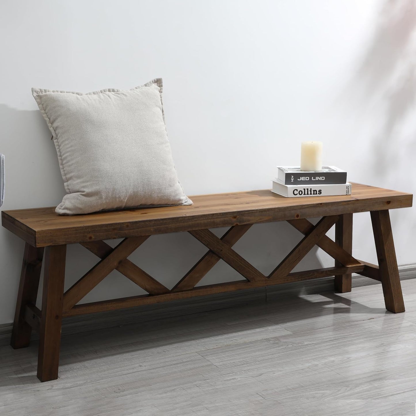 Wnutrees 54" Farmhouse Wood Bench, Rustic Solid Wood Entryway Bench Seat with Double X-Structure for Dining Room, Living Room, Hallway, Structural Stability, Natural