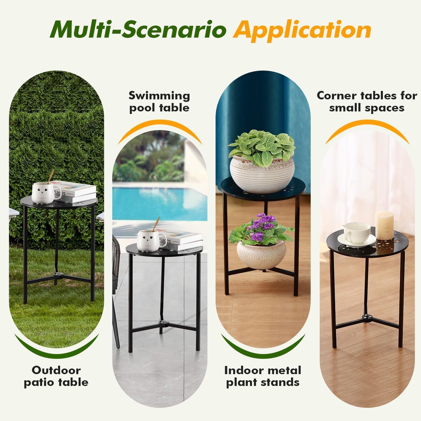 2 Packs 13" Metal Outdoor Side Tables Small Black Outside End Table for Patio Round Accent Corner Stand for Small Spaces Weather-Resistant Coffee Table for Balcony Porch Plant Stand, Starlight