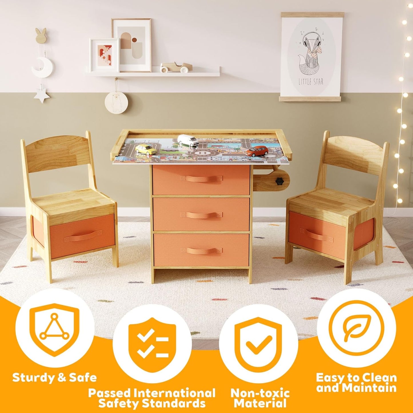 Pine Wood Kids Table and Chair Set 3 in 1 Wooden Toddler Table with Storage, Children's Drawing Reading Desk, with Drawers & Storage Baskets, Natural