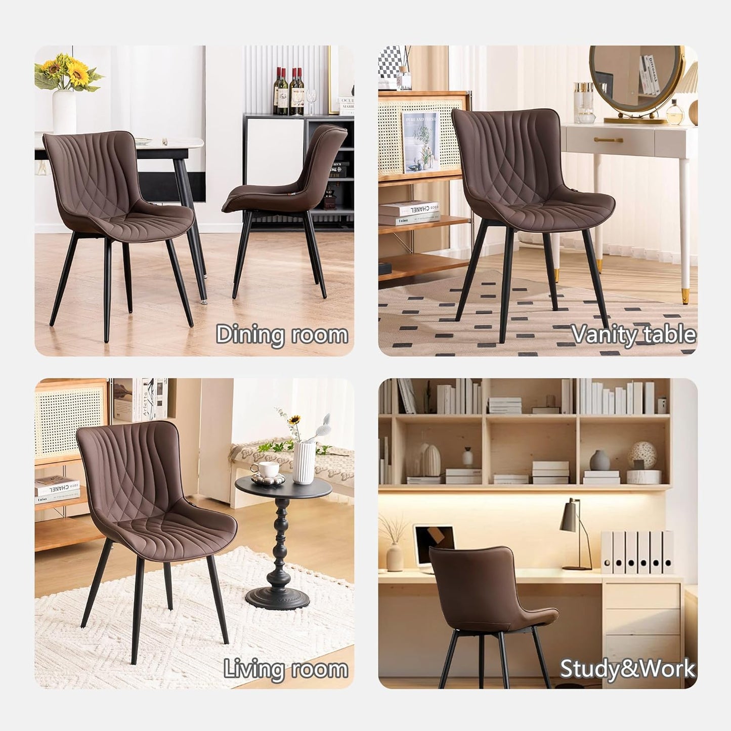 Kidol&Shellder Brown Dining Chairs Set of 2,Faux Leather Upholstered Mid Century Modern Kitchen&Dining Room Chair with Back,Ergonomic Armless Vanity&Living Room Chair with Metal Legs