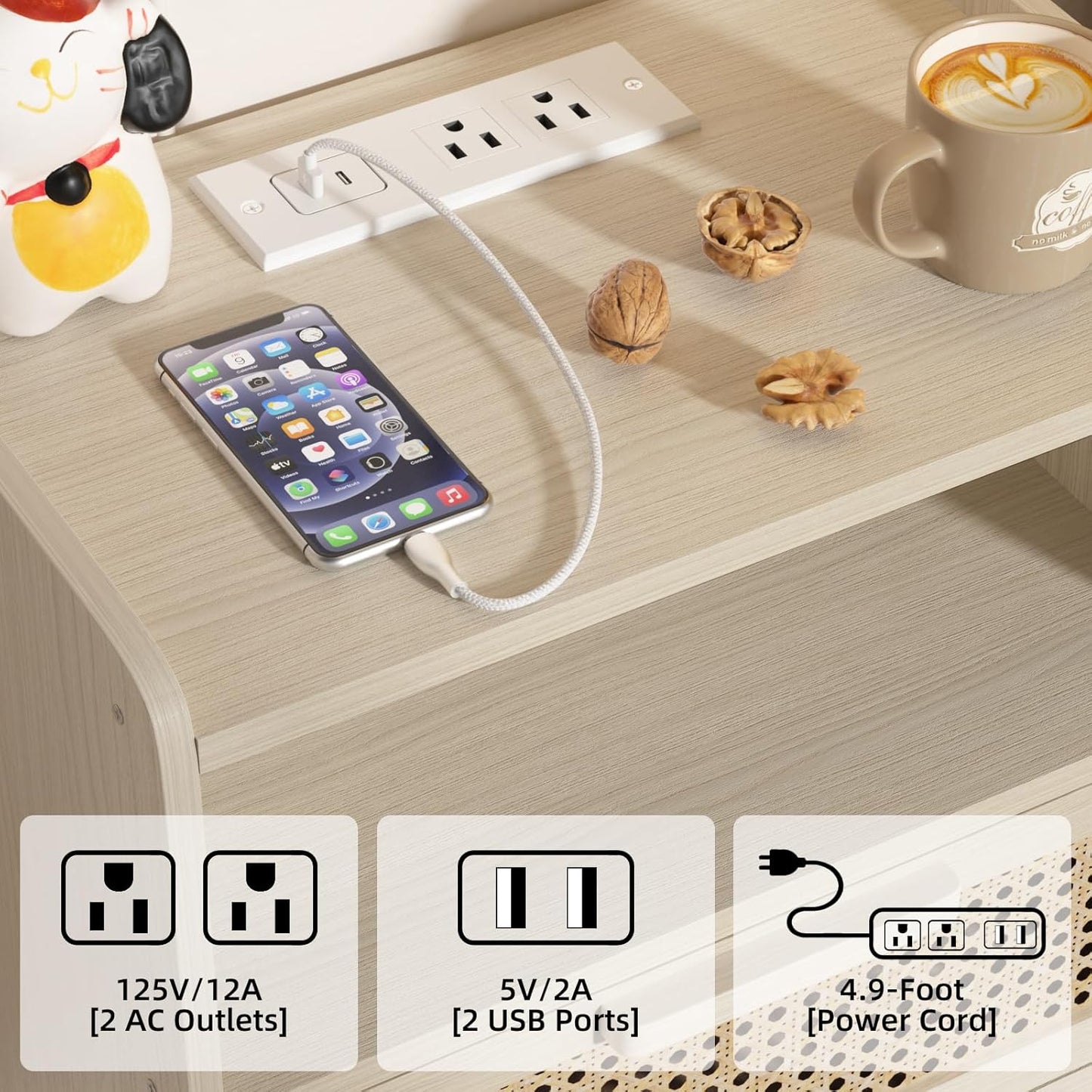 Lerliuo Rattan Nightstands Set of 2 with Charging Station, Side Table with Drawer Open Shelf, Cane Accent Bedside End Table, Night Stand for Bedroom, Dorm and Small Spaces (Grey White)