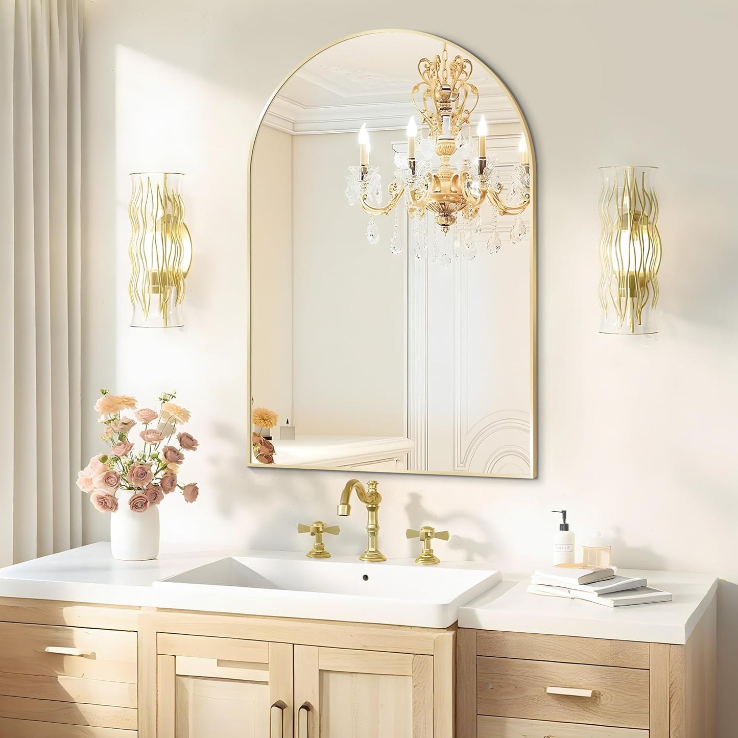 Arched Wall Mirror 24"X36", Gold Bathroom Vanity Mirrors for Over Sink, Modern Farmhouse Mirror Wall Mounted, Curved Arch Design for Bedroom, Living Room & Home Decor