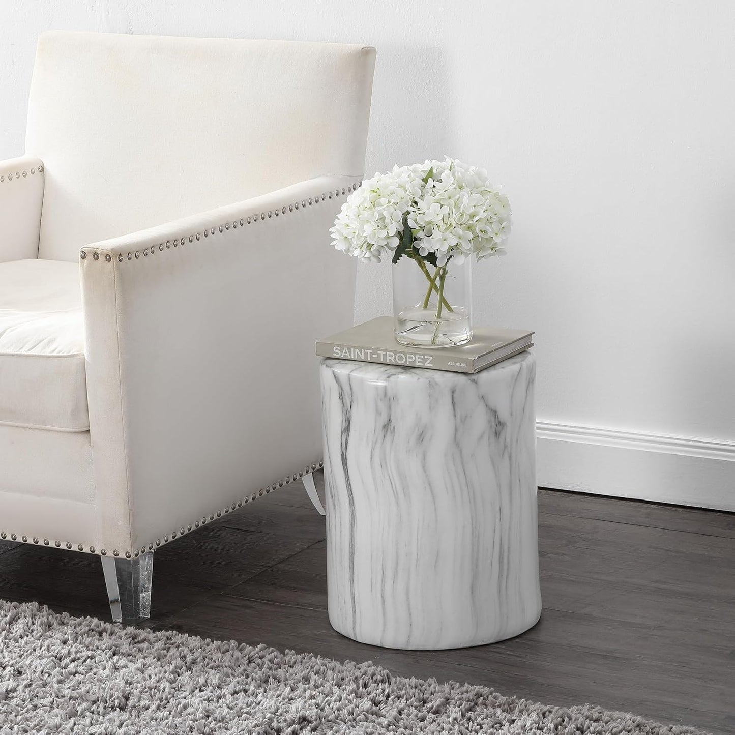 JONATHAN Y TBL1101A Troy 16" Modern Minimalist Faux Marble Column Indoor/Outdoor Indoor/Outdoor Accent Table Modern, Contemporary, Minimalist, Transitional for Living Room, Garden, Patio, Gray/White