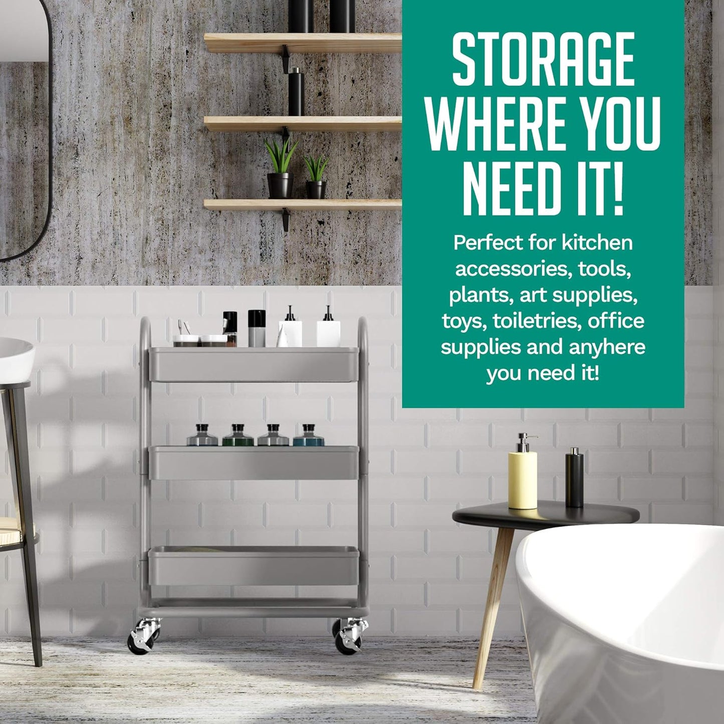 KoolerThings 3-Tier Rolling Metal Storage Organizer - Mobile Utility Rolling Storage Cart, Kitchen Cart with Caster Wheels (Grey)