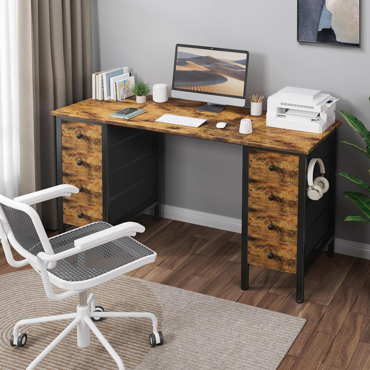 Home Office Desk with Drawers for Storage - 55 inch Computer Desk with 8 Fabric Drawer, Writing Study Work Desks with Drawers on Both Sides for Bedroom