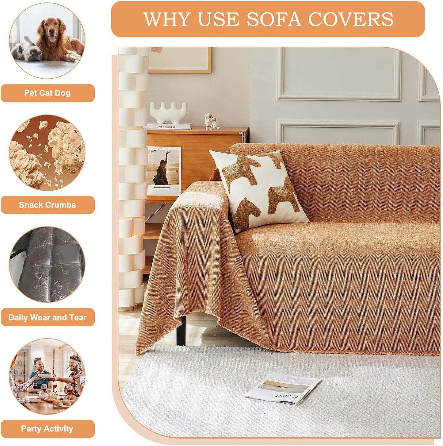 STACYPIK Soft Chenille Orange Sofa Covers, Herringbone Jacquard Pet Protector for 3 Cushion Couch, Loveseat Couch Cover for Sectional, Pumpkin Non-Slip Sofa Slipcover, Multi-Use Throw Blanket-71X134IN