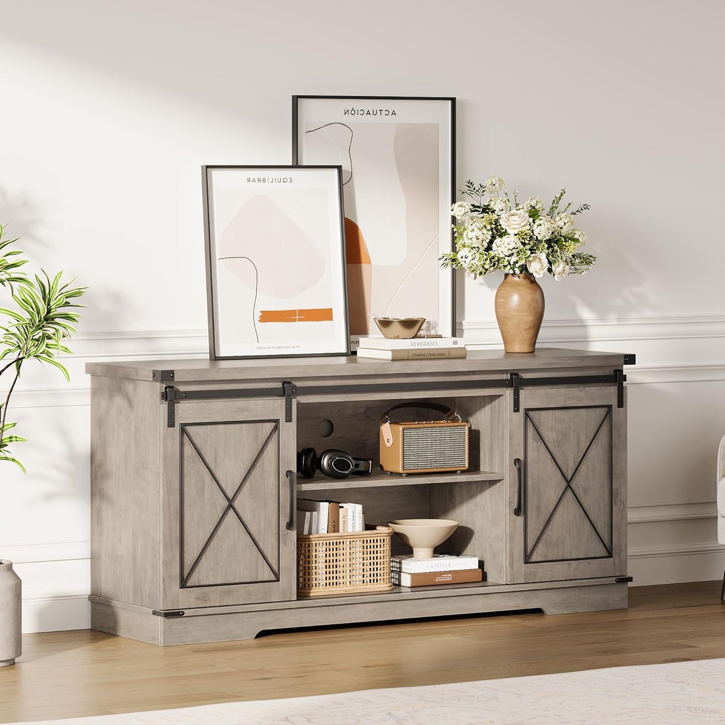 CABIHOME Farmhouse TV Stand and Entertainment Center for TV Up to 65 Inches with Sliding Barn Doors and Adjustable Shelf, TV Media Storage Console Table and Furniture for Living Room, Bedroom, Grey
