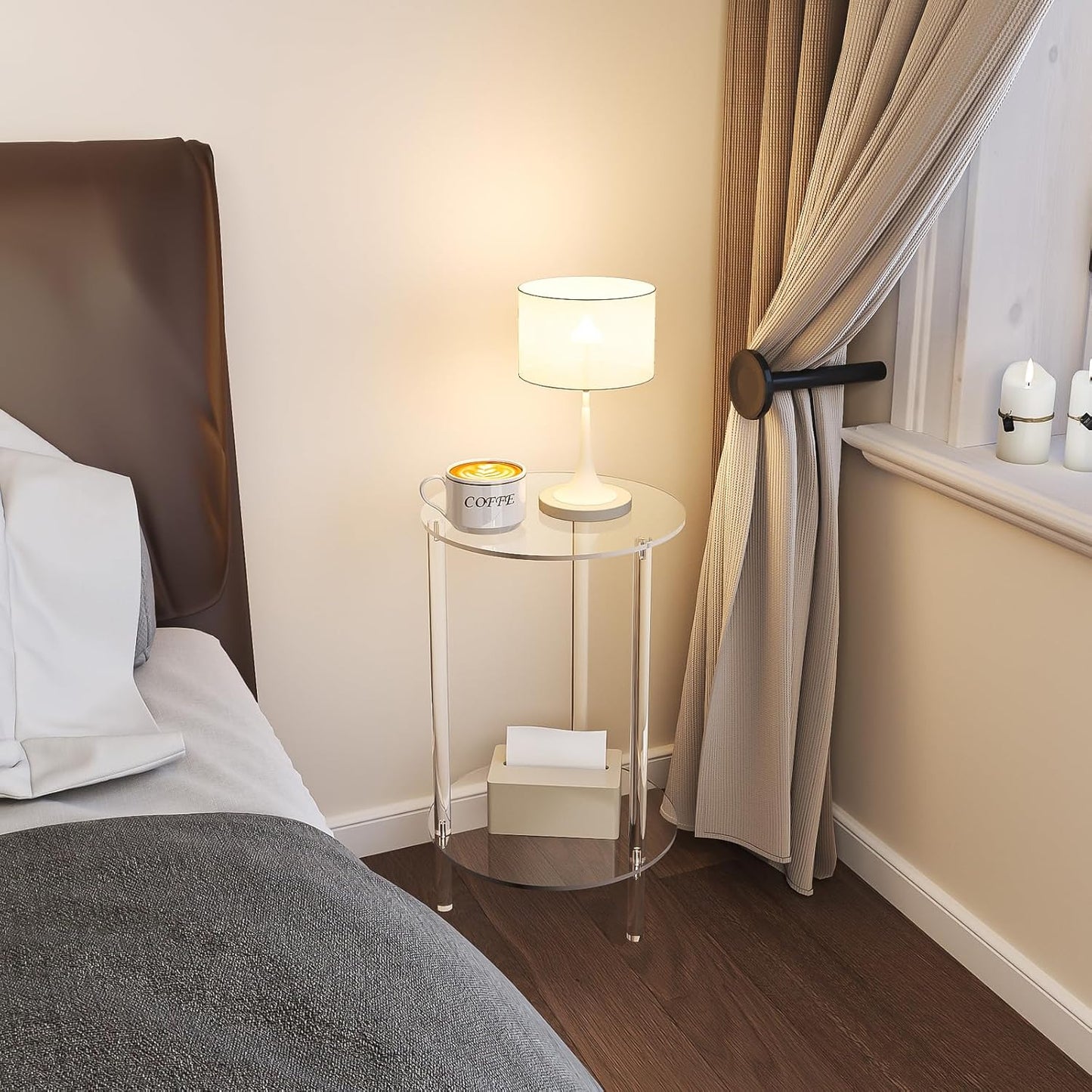 HMYHUM Acrylic Round Side Table for Small Spaces, 11.8" L x 11.8" W x 20.2" H, Small Nightstand/Bedside/End Table for Living Room, Bedroom, 2-Tier, Clear