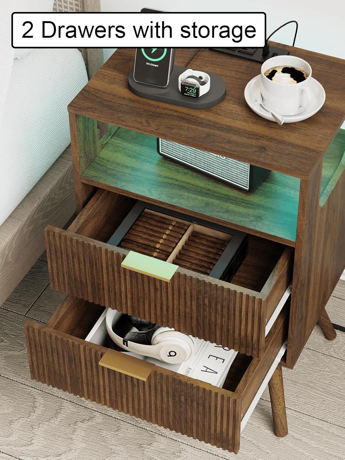 Nightstand, Modern Bedside Table with 2 Storage Drawer and Open Wood Shelf for Bedroom and Small Spaces, Night Stand with Solid Wood Legs (Walnut Brown-Outlet)