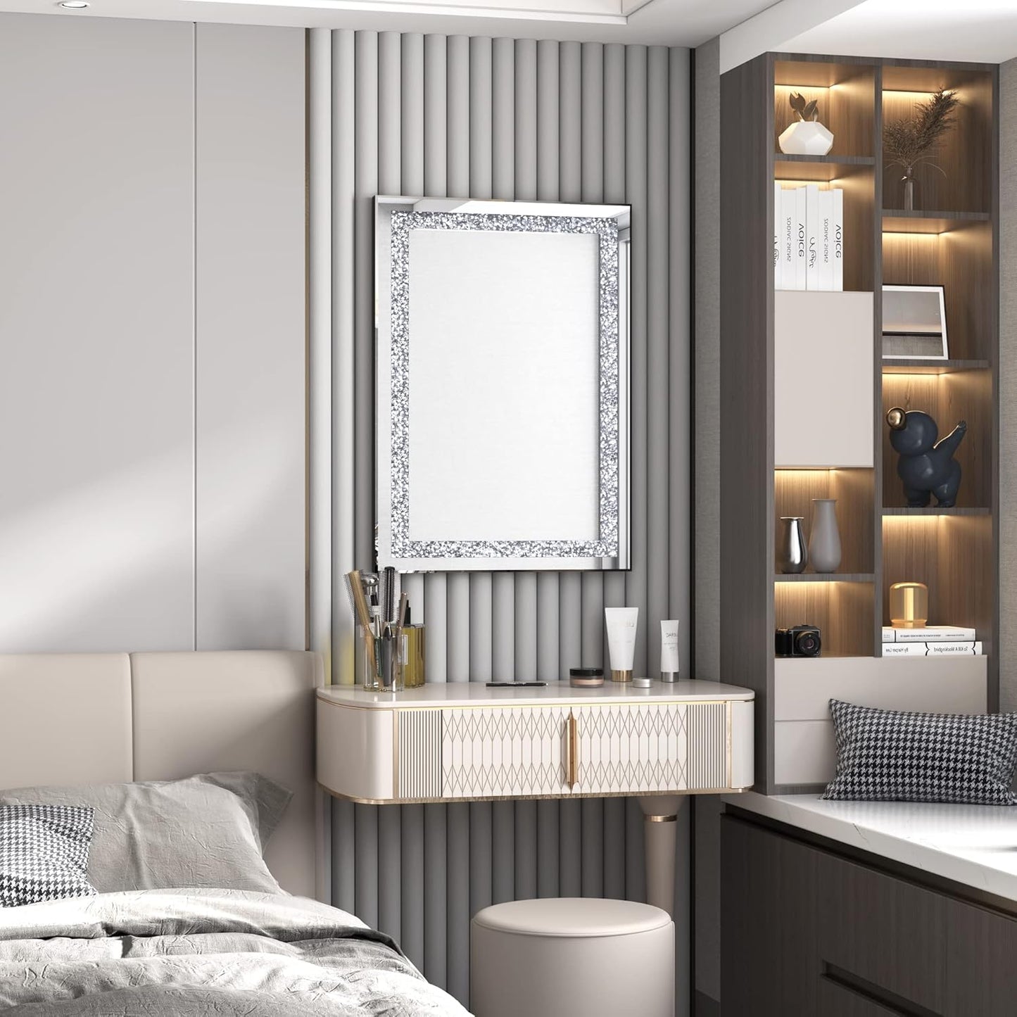 Crystal Decorative Mirror-28 x20 Rectangle Gorgeous Silver Mirror, Crush Diamond Mirror for Wall Decoration Bedroom, Hallway, Dining Room