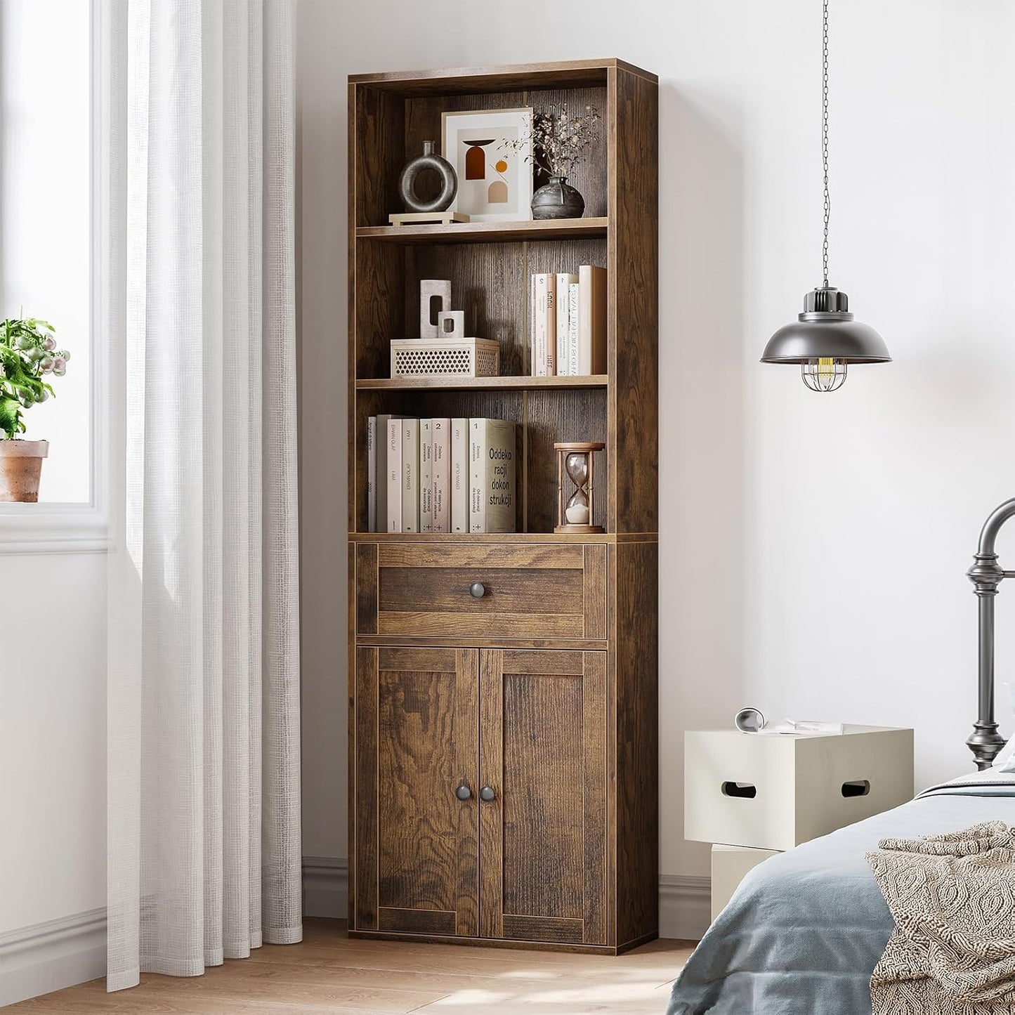 Casaottima Bookshelf and Bookcase with Doors and Drawer, Floor Standing 6-Tier Shelf Display Storage Shelves, Tall Bookcases for Home Office, Living Room, Vintage