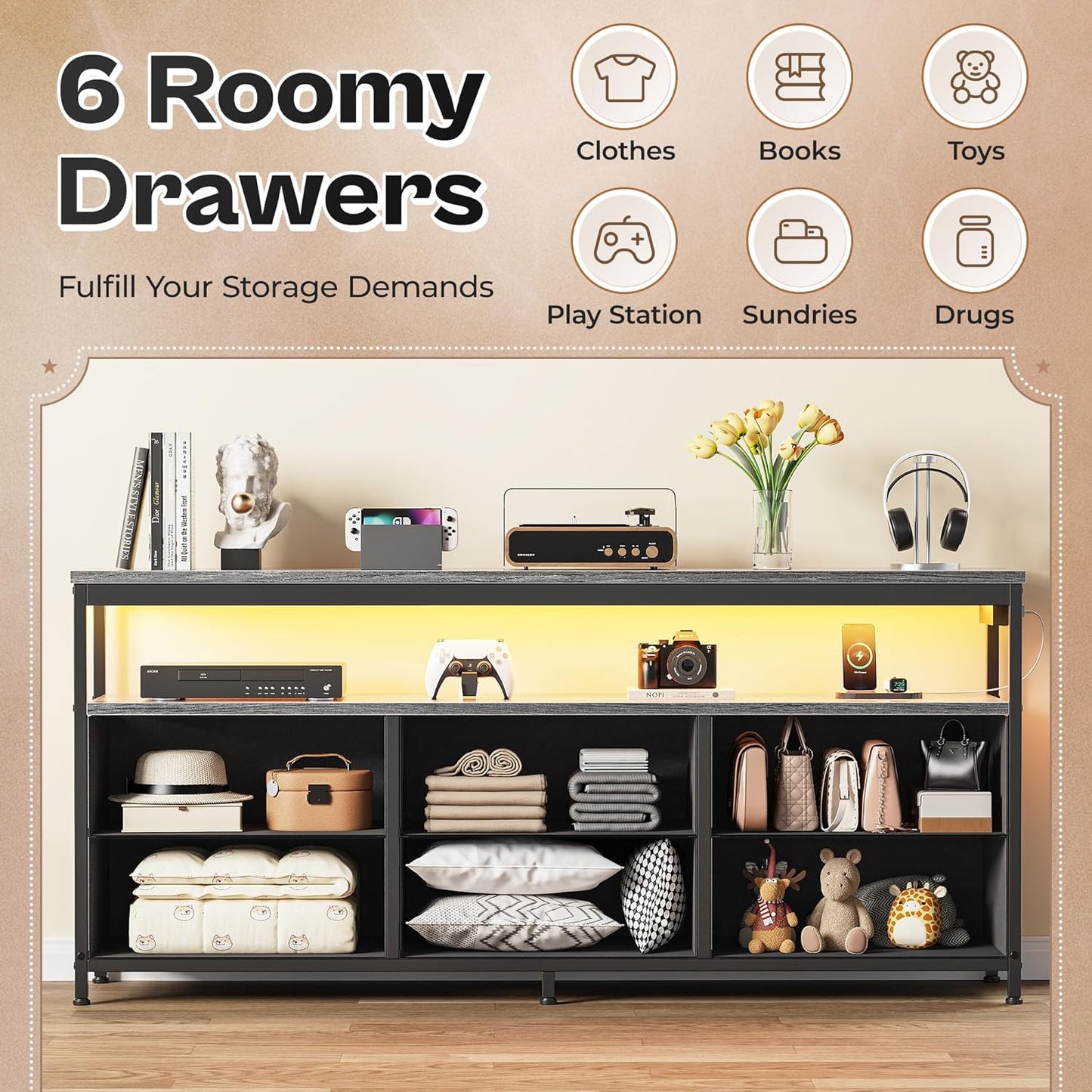 Huuger LED TV Stand for Bedroom, 55 Inch Fabric Dresser with Power Outlets, Entertainment Center for 60, 55, 50 Inch TV, 6 Drawer Dresser for Bedroom, Chest of Drawers with Shlef, PU Leather, Grey