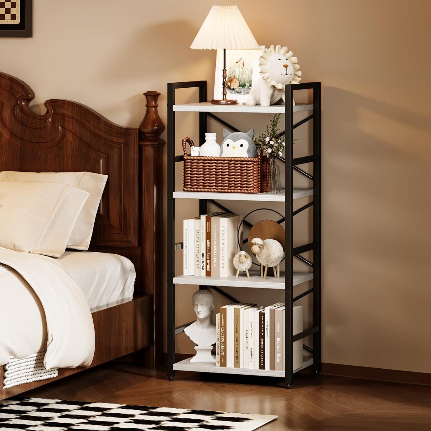 Homeiju 4 Tier Small White Metal Bookcase for CD/Movie/Book, Book Shelf Organization and Storage for Living Room, Kid's Room, and Home Furniture - 1018WH