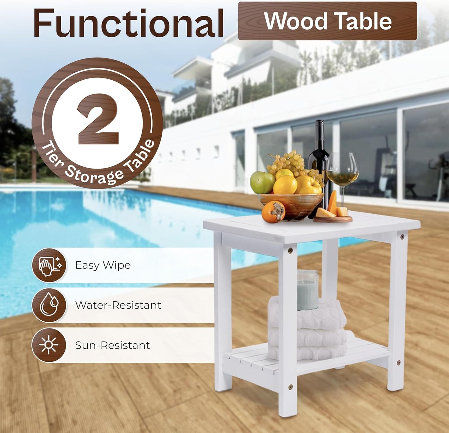 Adirondack Side Table – Weather-Resistant Rectangular End Table for Patio, Garden, Lawn, or Living Room | Indoor & Outdoor Wood Side Table, Rustic Style (White)