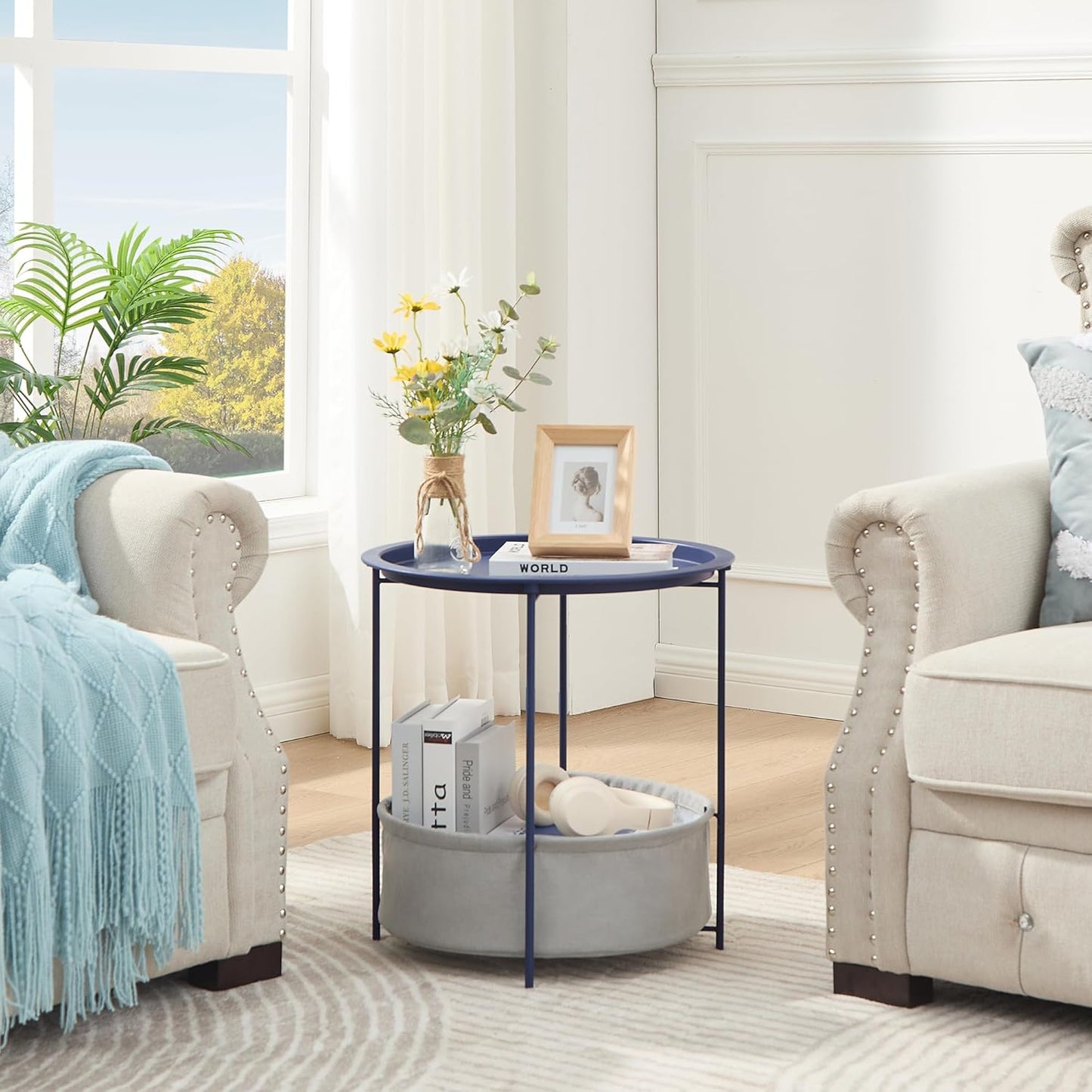 VECELO Round Side/End Table with Fabric Storage Basket,Metal Anti-Rust and Waterproof Small Bedside Nightstand with Removable Tray Top for Living Room,Balcony & Laundry,Blue /2pcs with Basket