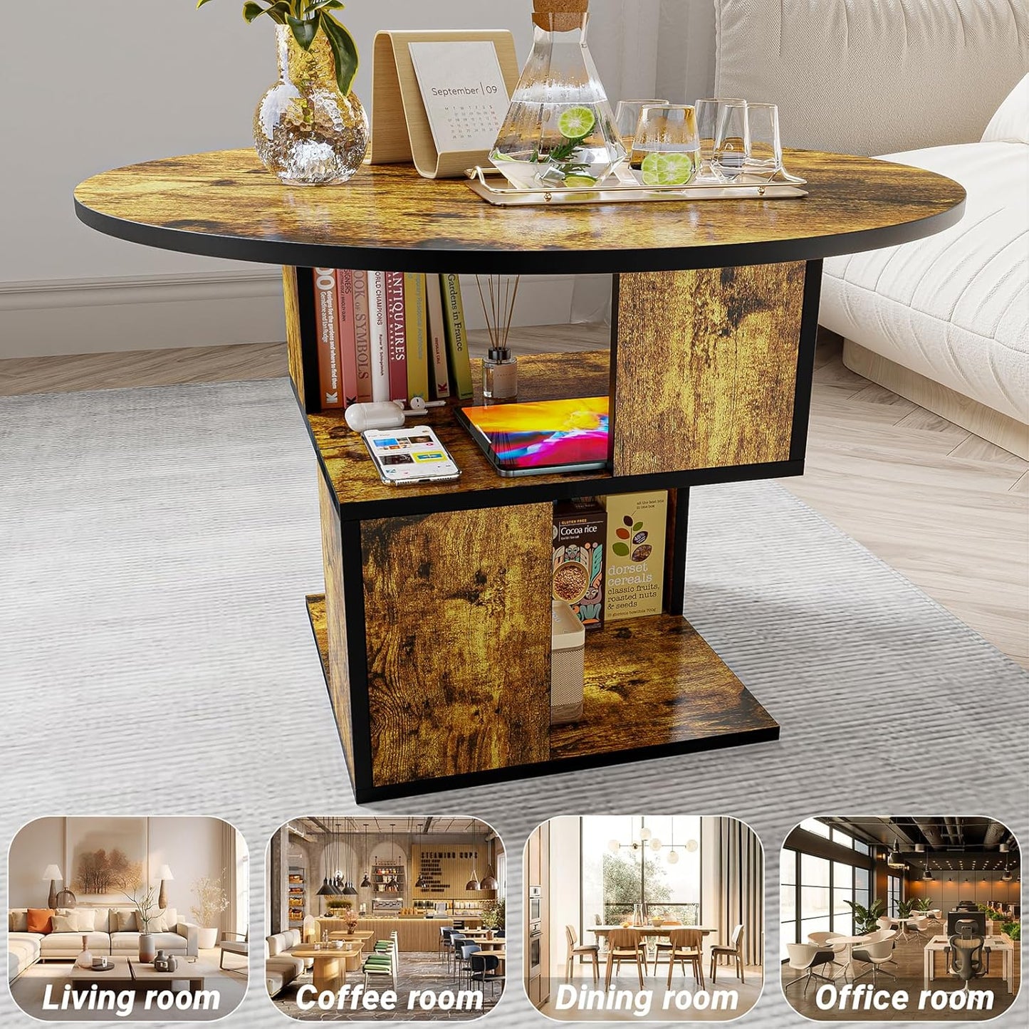 Elephance Round Coffee Table with Storage,3-Tier Coffee Table for Living Room,Wooden Tabletop-Caramel Brown with Black Frame