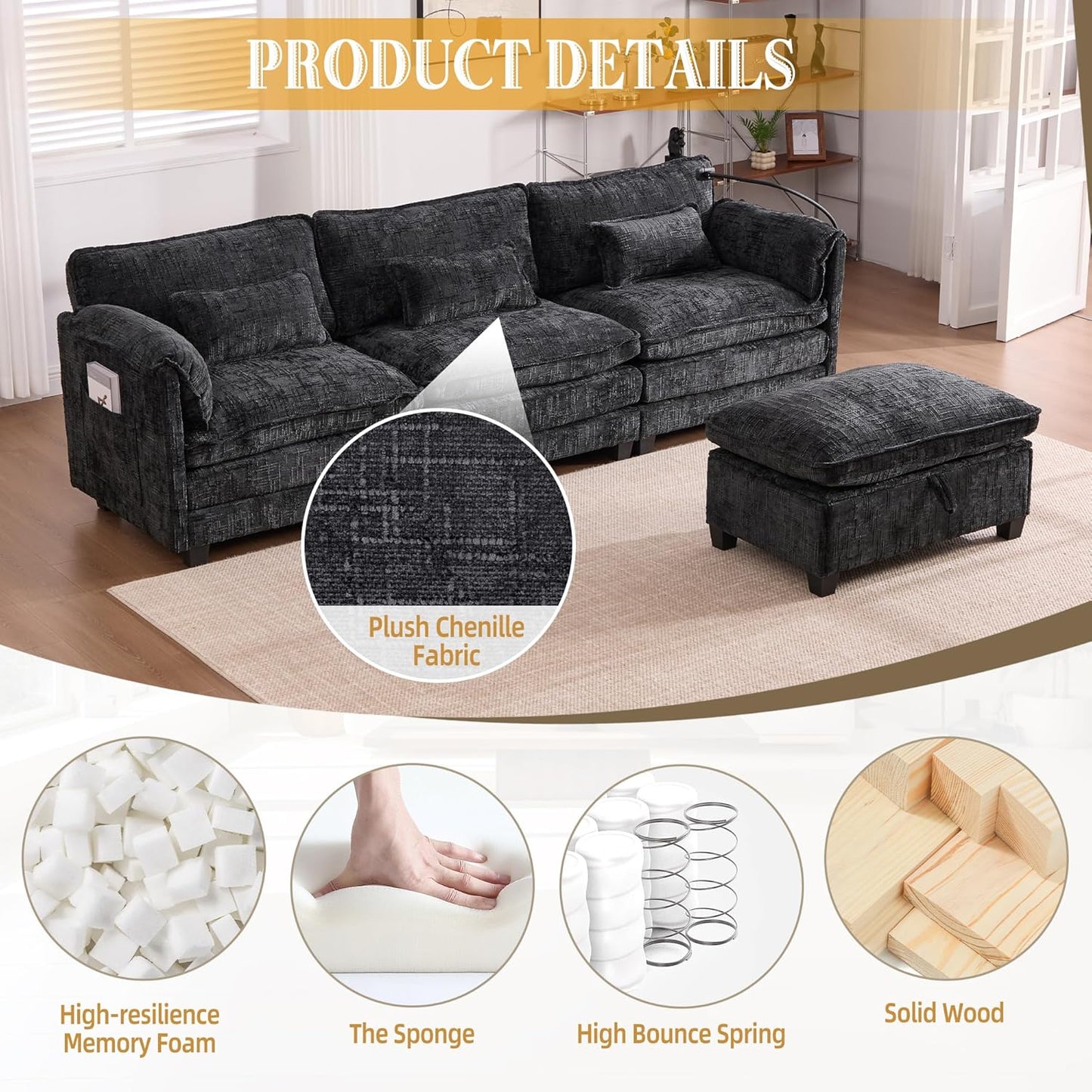 Ball & Cast Modular Sectional Sofa,Comfy Cloud Couch with Movable Storage Ottoman,L Shaped Sectional Sofa W/USB Charging Port,Phone Holder and Side Pocket,Chenille Fabric,for Living Room,Black,109"