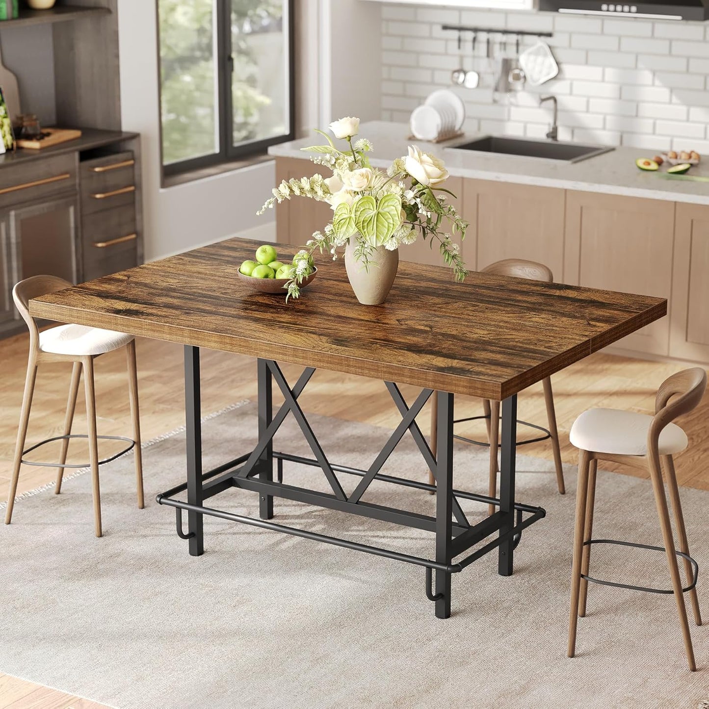 LITTLE TREE 63-Inch Industrial Bar Table with Metal Footrest, Counter Height Pub Table for Kitchen, Home Bar & Entertaining (Brown)