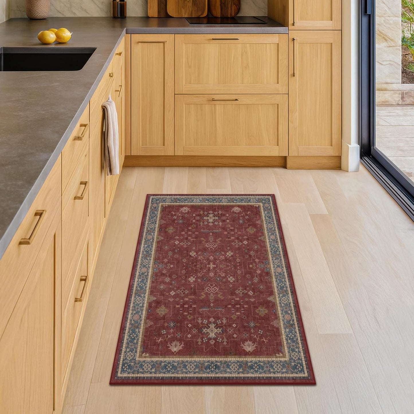 Burgundy 2x3 Washable Rugs for Entryway Indoor, Boho Kitchen Rug for Floor, Bathroom, Doormat Indoor Entrance, Waterproof Non Slip Low Pile Stain & Fade Resistant, Modern Eclectic Floral Decor